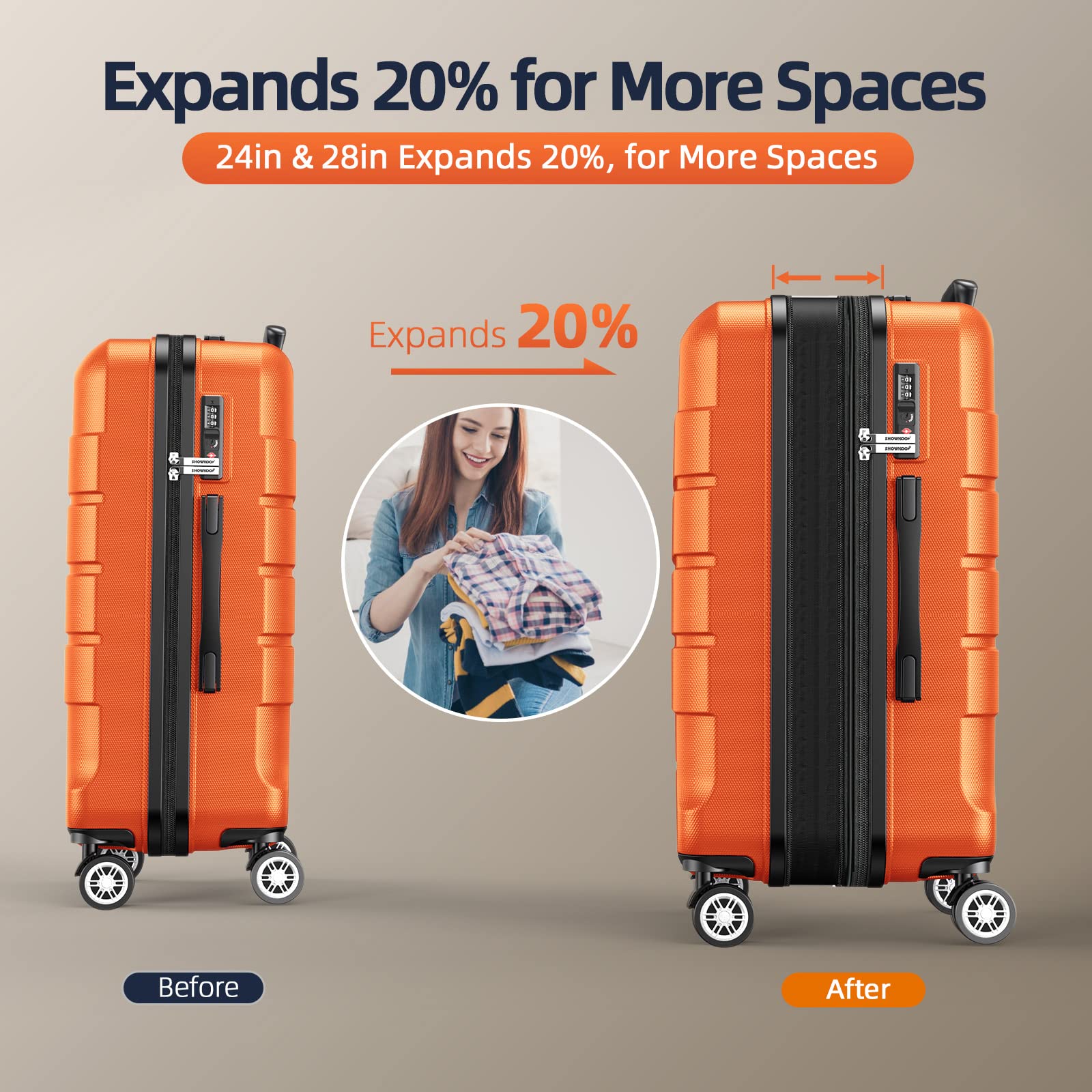 SHOWKOO 4-Piece Expandable Luggage Set - Durable PC+ABS Suitcase with Double Spinner Wheels & TSA Lock, Orange - Perfect for Travel, Vacations & Business Trips
