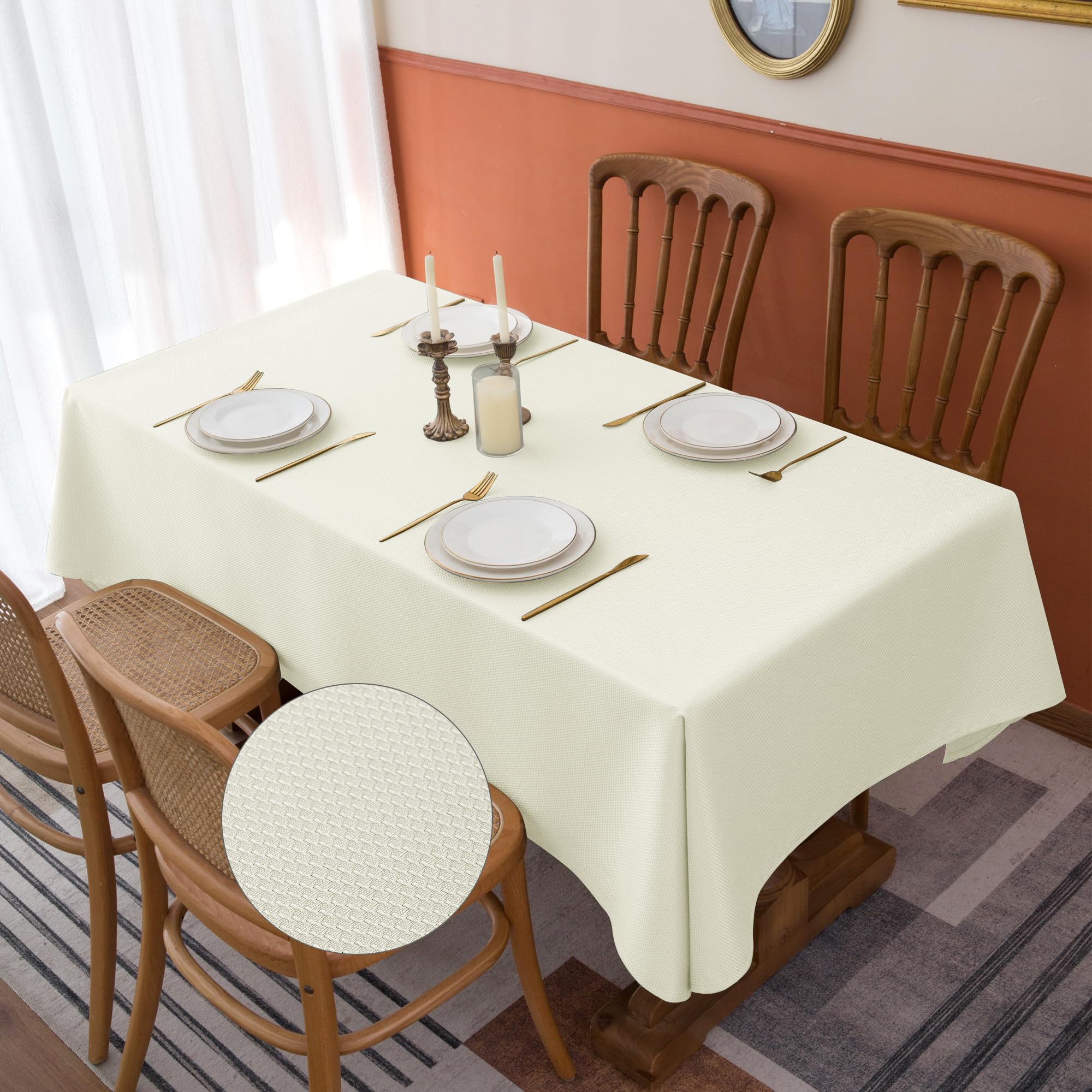 Premium Beige Jacquard Tablecloth Set of 2 - 60x84 Inch Waterproof Wrinkle-Resistant Rectangle Table Cover for Dining, Parties & Events | Elegant Textured Fabric for Weddings, Banquets & Holiday Decor