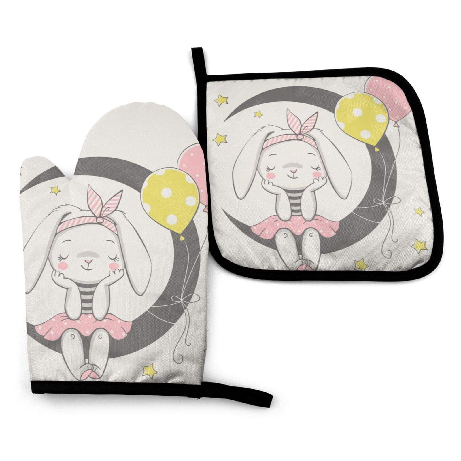 Cute Bunny Oven Mitts and Pot Holders Set - Heat Resistant Kitchen Gloves for Baking, Grilling, BBQ & Microwave - Easter Kitchen Accessories - Perfect for Holiday Cooking, Home Baking & Outdoor Picnics