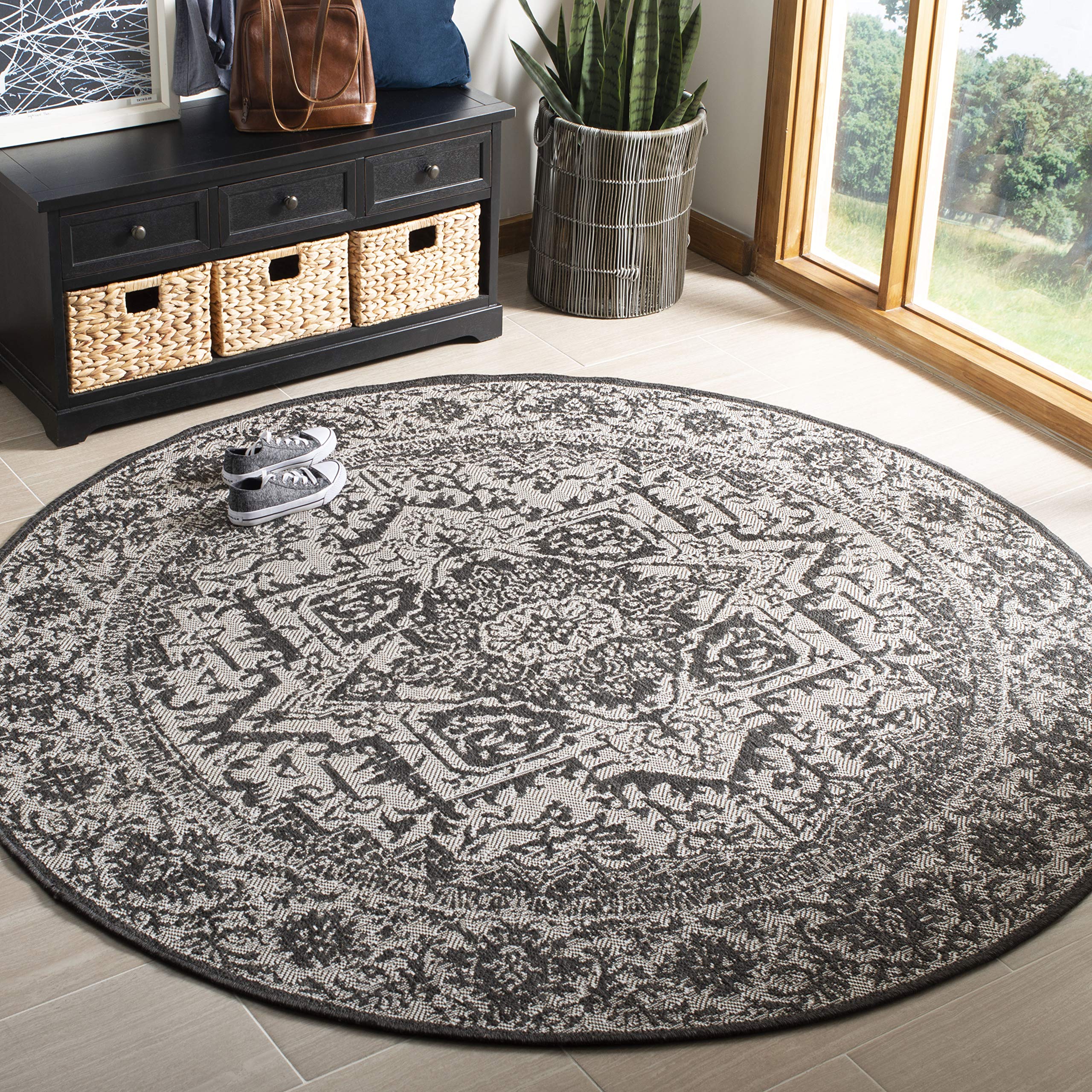 SAFAVIEH Linden Collection 8' Round Light Grey/Charcoal Oriental Medallion Area Rug - Indoor/Outdoor Non-Shedding, Easy-Cleaning for Patio, Backyard, Porch, Deck & Mudroom - Perfect for Boho Chic Home Decor & High-Traffic Areas