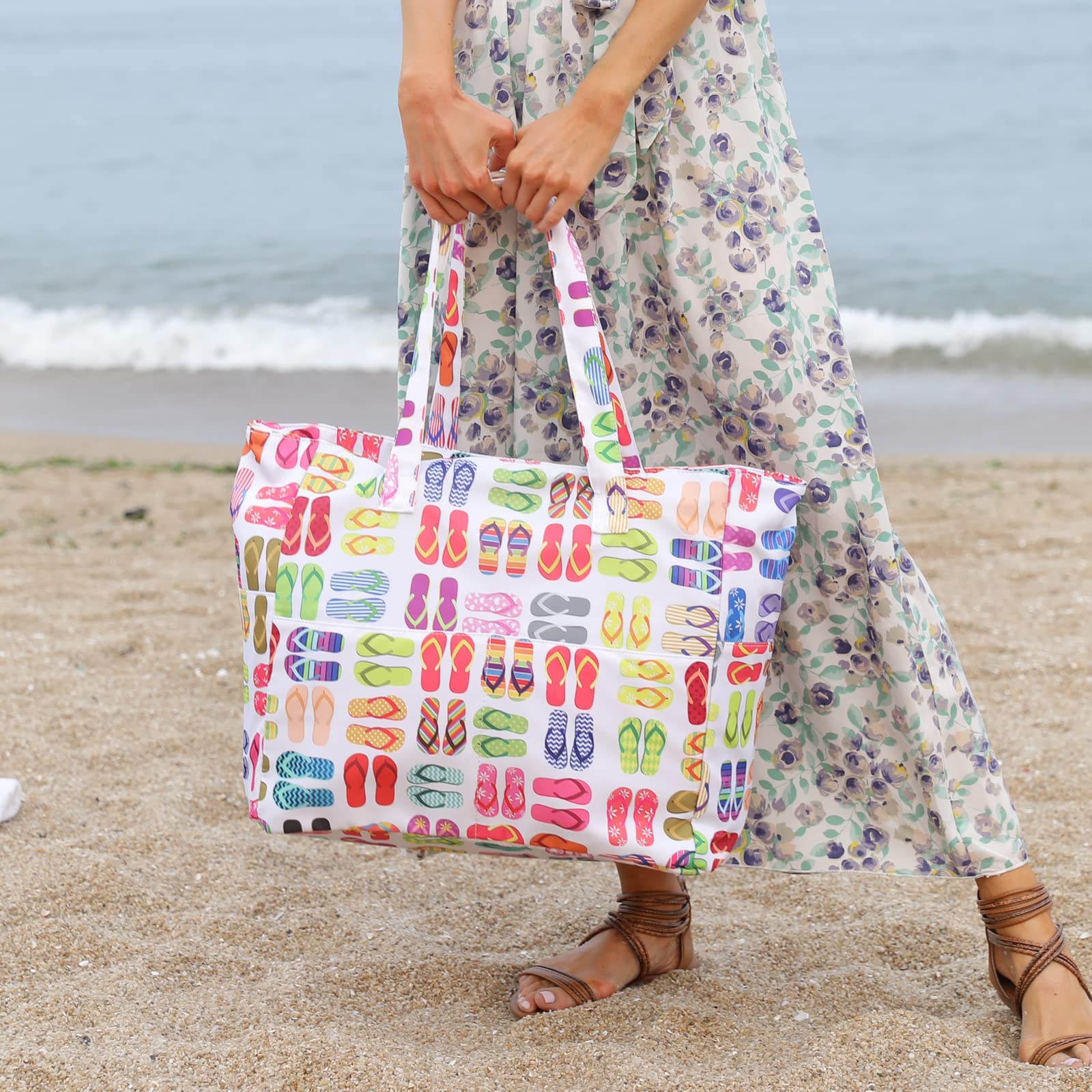 Waterproof Large Beach Tote Bag for Women - Sandproof Zippered Pool & Gym Bag with Wet Pocket - Perfect for Travel, Grocery Shopping & Beach Days