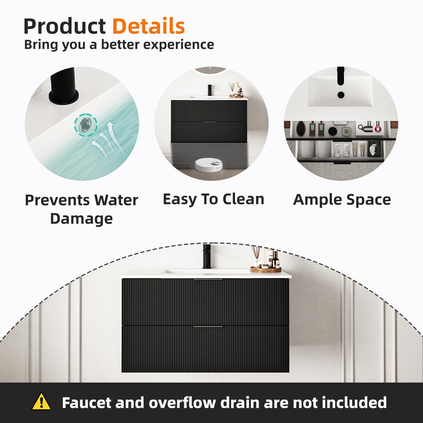 24 Inch Modern Bathroom Vanity with Black Ceramic Sink - Floating Wall Mounted Fluted Design & Storage Drawers - Perfect for Small Bathrooms, Powder Rooms & Contemporary Home Decor