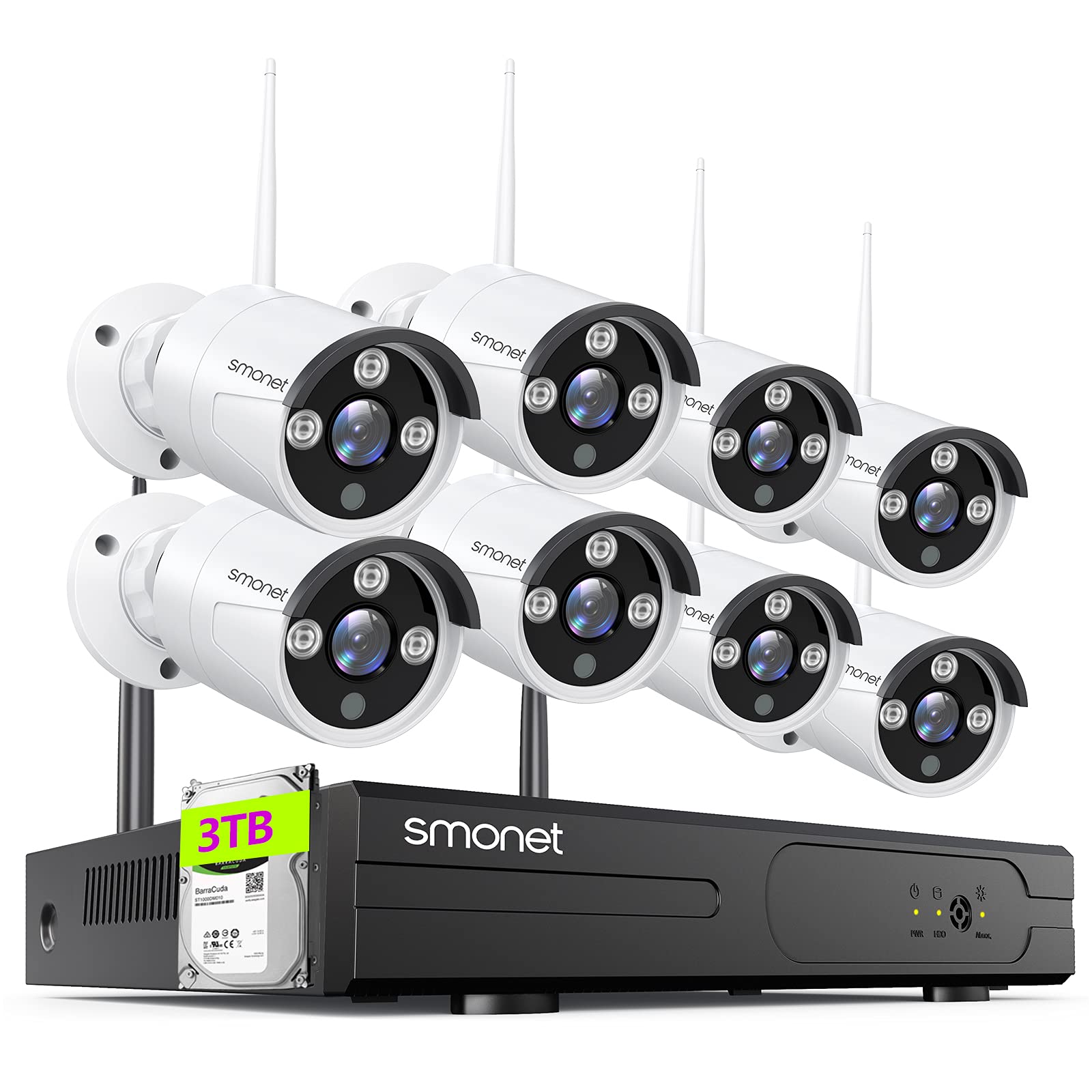 SMONET 8 Channel 1080P Wireless Security Camera System with 8pcs 2MP HD Cameras, 3TB HDD, Night Vision & Motion Detection - Indoor/Outdoor Home Surveillance DVR Kit for 24/7 Recording | Free Mobile App for Remote Monitoring | Perfect for Home, Office, and Business Security