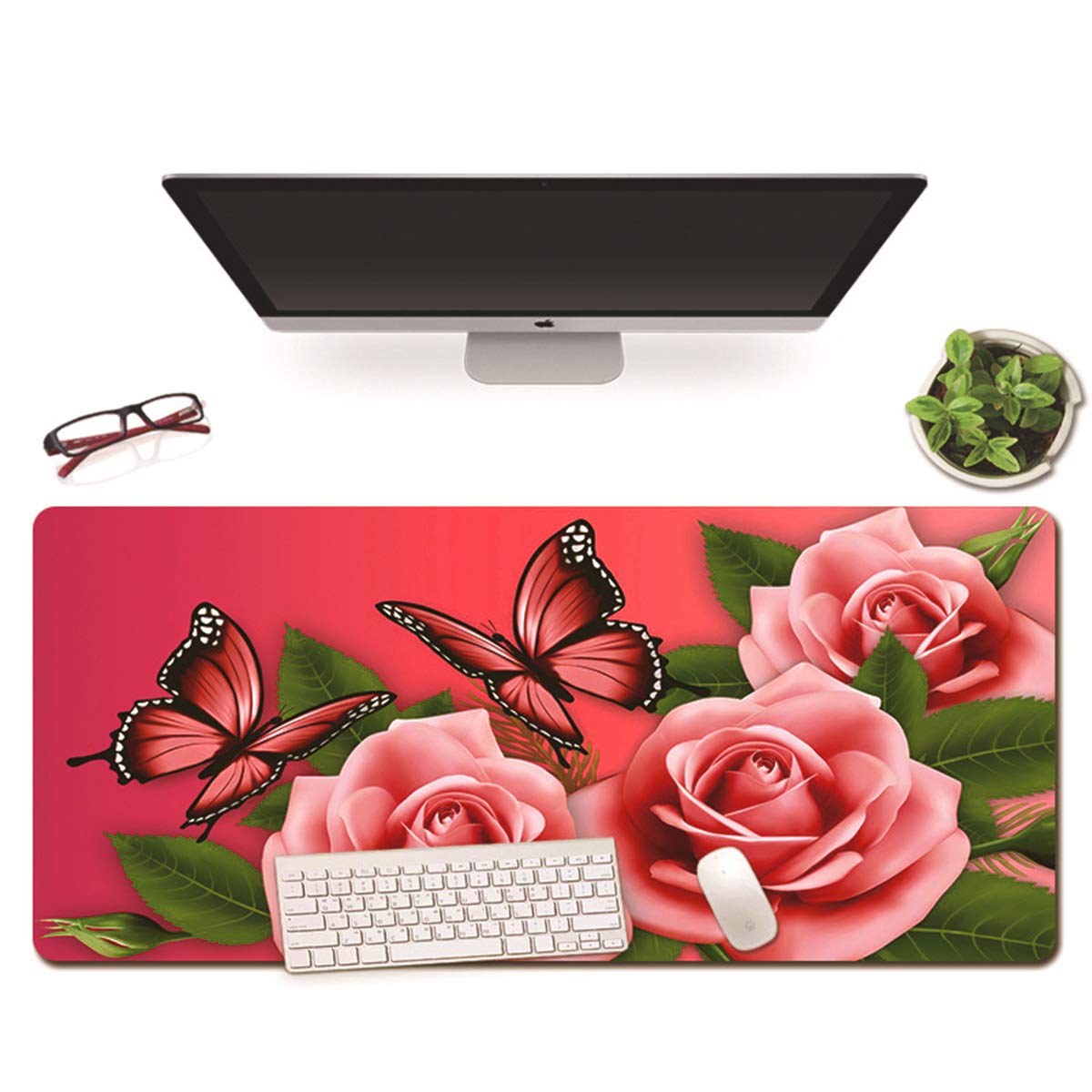 XXL Extended Butterfly Floral Mouse Pad - Large Non-Slip Gaming Desk Mat with Rose Butterflies Design for Laptop, Computer, Home & Office Use - Perfect for Work, Gaming, and Decor