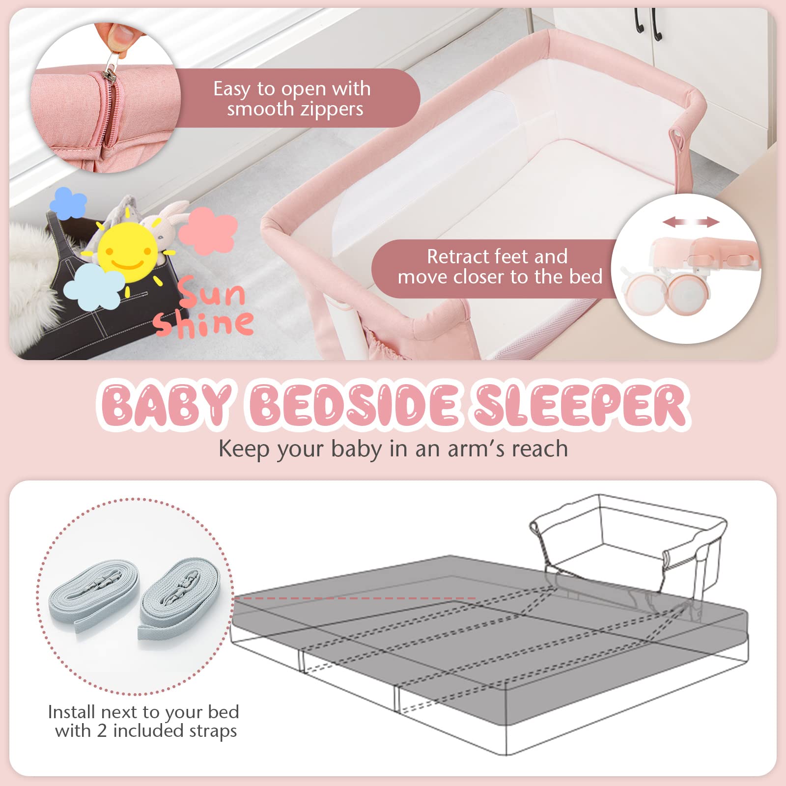 BABY JOY 3-in-1 Adjustable Height Folding Baby Bassinet Bedside Sleeper with Mattress, Lockable Wheels, Storage Pocket & Carry Bag - Portable Crib for Newborn Infants - Nursery, Bedroom & Travel Use (Pink)