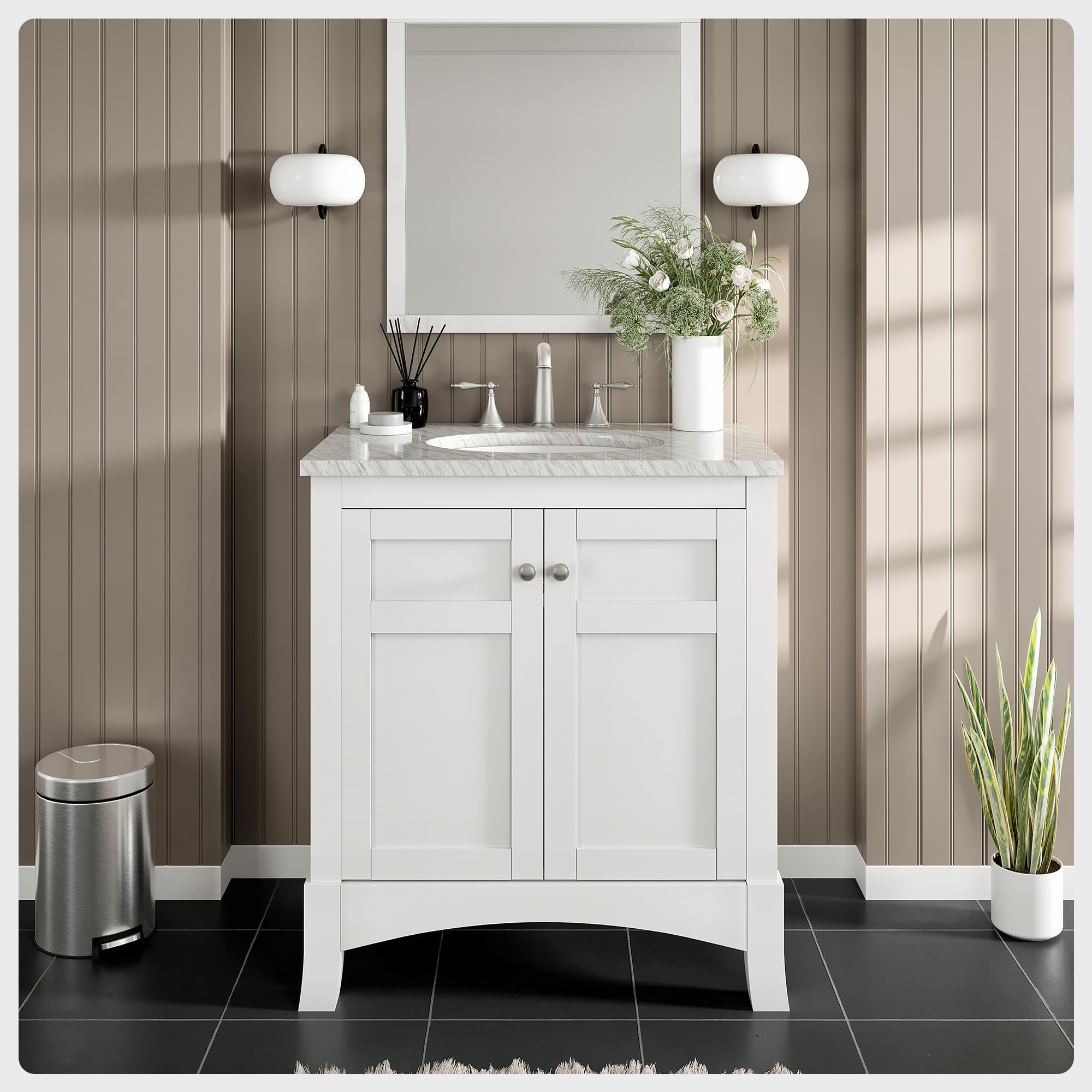 Eviva 30 Inch White Bathroom Vanity - Solid Wood Bathroom Sink Cabinet with Mirror, Modern Bathroom Vanity Set for Small Spaces | Perfect for Master Bath, Guest Bath & Apartment Renovation