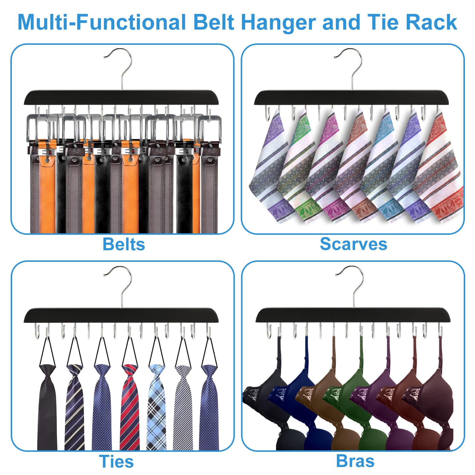 Sturdy Wooden Belt Rack with 14 Hooks - Holds 42 Belts & Ties - Space Saving Closet Organizer for Men's Accessories - Perfect for Bedroom, Walk-in Closet & Dorm Room Storage (Black)