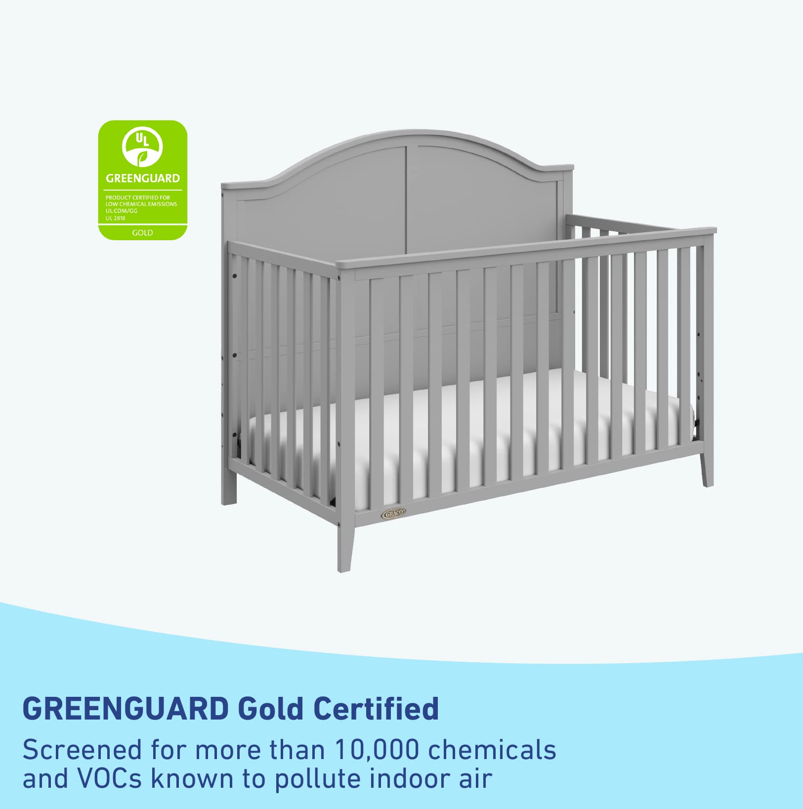 Graco Wilfred 5-in-1 Convertible Baby Crib in Pebble Gray – GREENGUARD Gold Certified, Converts to Toddler Bed & Full-Size Bed, Adjustable Mattress Base, Fits Standard Crib Mattress – Perfect for Nursery, Daycare or Guest Room