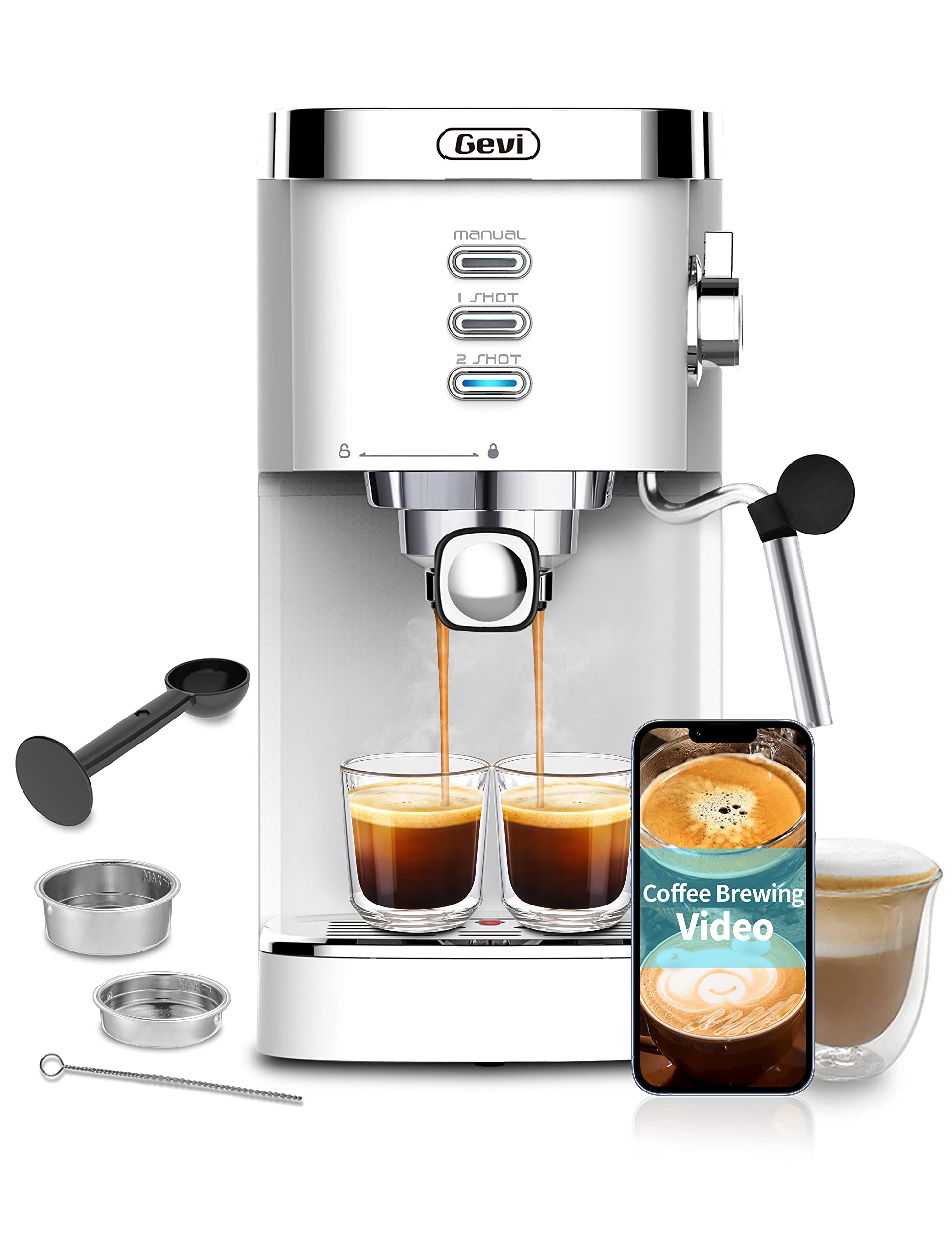 Gevi 20 Bar Espresso Machine with Milk Frother - Fast Heating Automatic Cappuccino & Latte Maker, 1.2L Removable Water Tank, 1350W, White - Perfect for Home Coffee Bars & Office Break Rooms