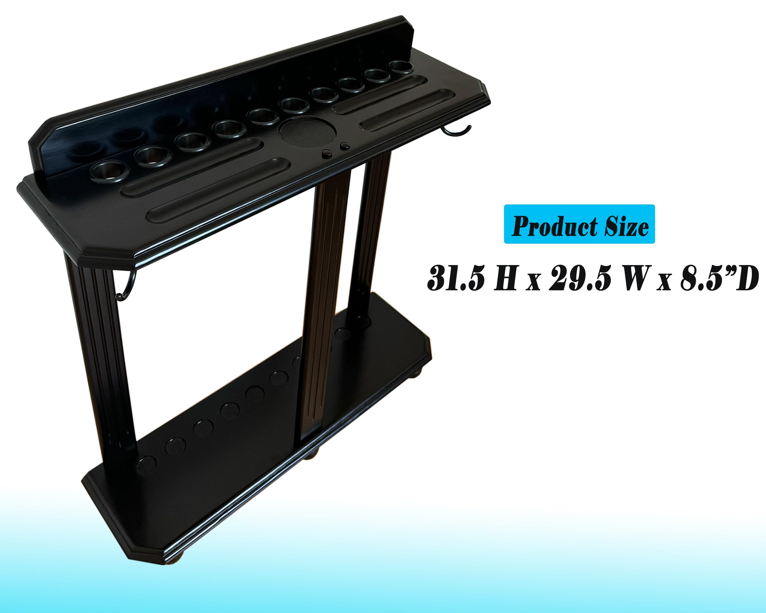 Premium Wooden Billiard Cue Rack - Holds 10 Pool Cue Sticks, Durable Floor Standing Pool Cue Holder for Billiard Game Room & Home Bar (Black) - Perfect for Organizing Cues in Game Rooms, Bars, and Man Caves