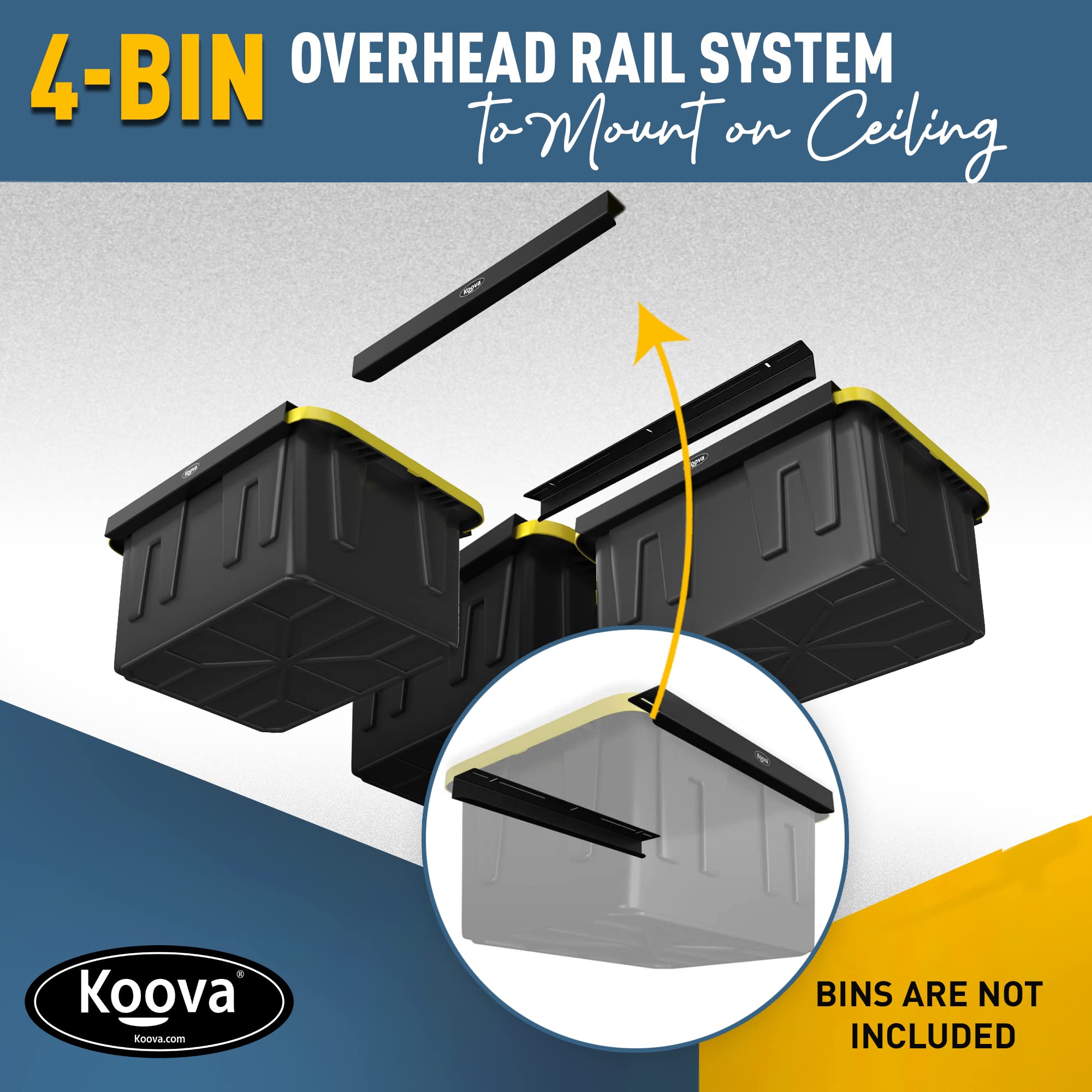 Koova Overhead Garage Storage Rack - Adjustable Ceiling Mount Organizer for 4 Black/Yellow Bins | Heavy Duty Shelving Solution for Garage, Basement & Attic Organization | Space Saving Home Storage System