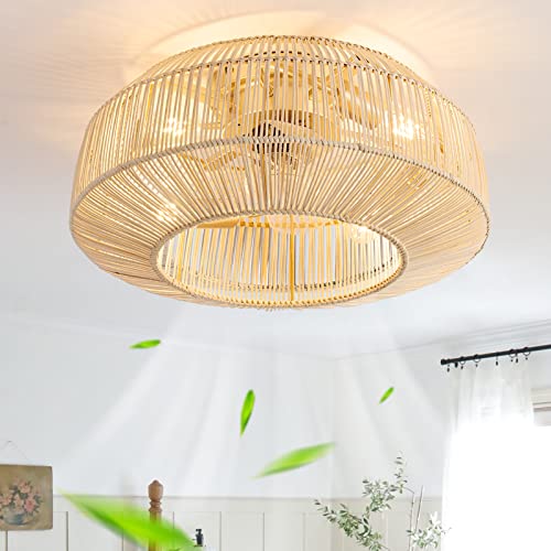 Boho/Rattan/Caged Ceiling Fan with Lights Flush Mount