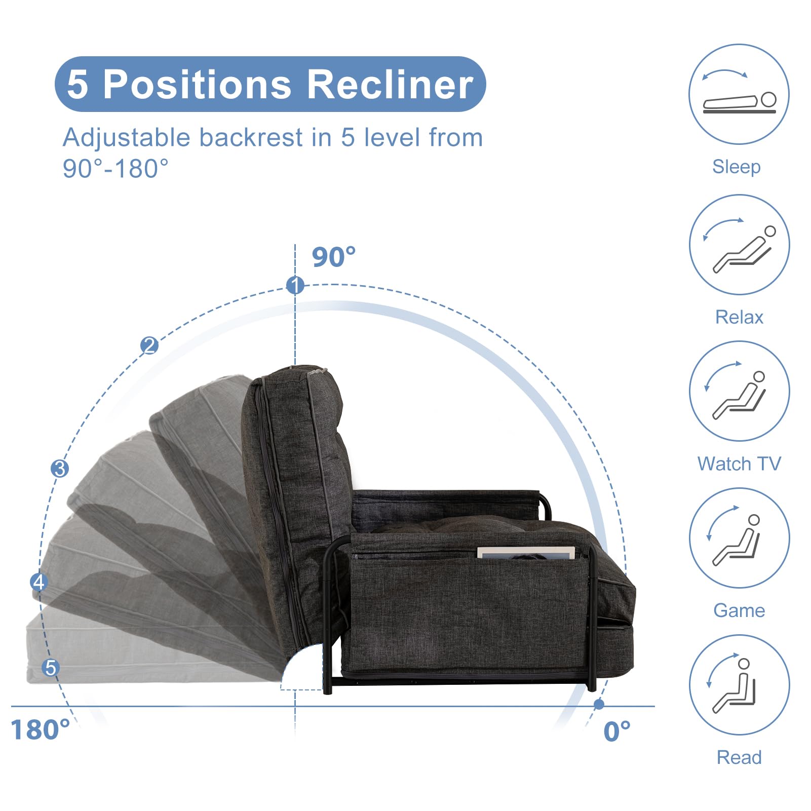 MAXYOYO Adjustable Floor Sofa Bed - Convertible Folding Couch with Removable Pillows, Single Size Grey - Perfect for Small Spaces, Guest Rooms & Cozy Living Room Lounging