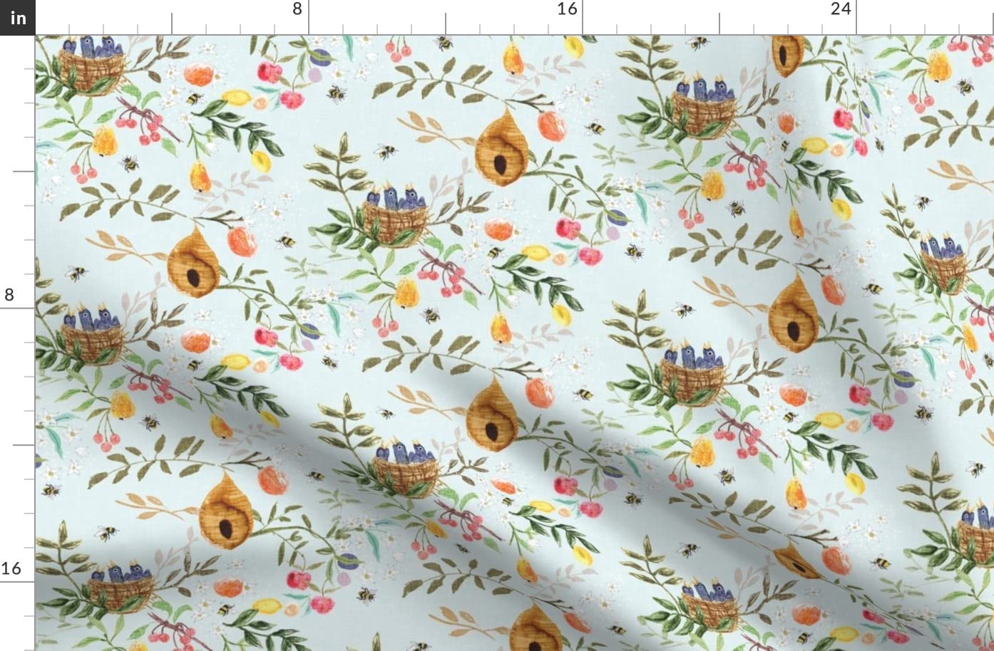Sky Blue Bird Orange Fruit Peach Spring Garden Printed Organic Cotton Sateen Fabric - Fat Quarter for Sewing, Quilting, Apparel & Home Decor | Perfect for DIY Crafts, Curtains, Pillows & Dressmaking