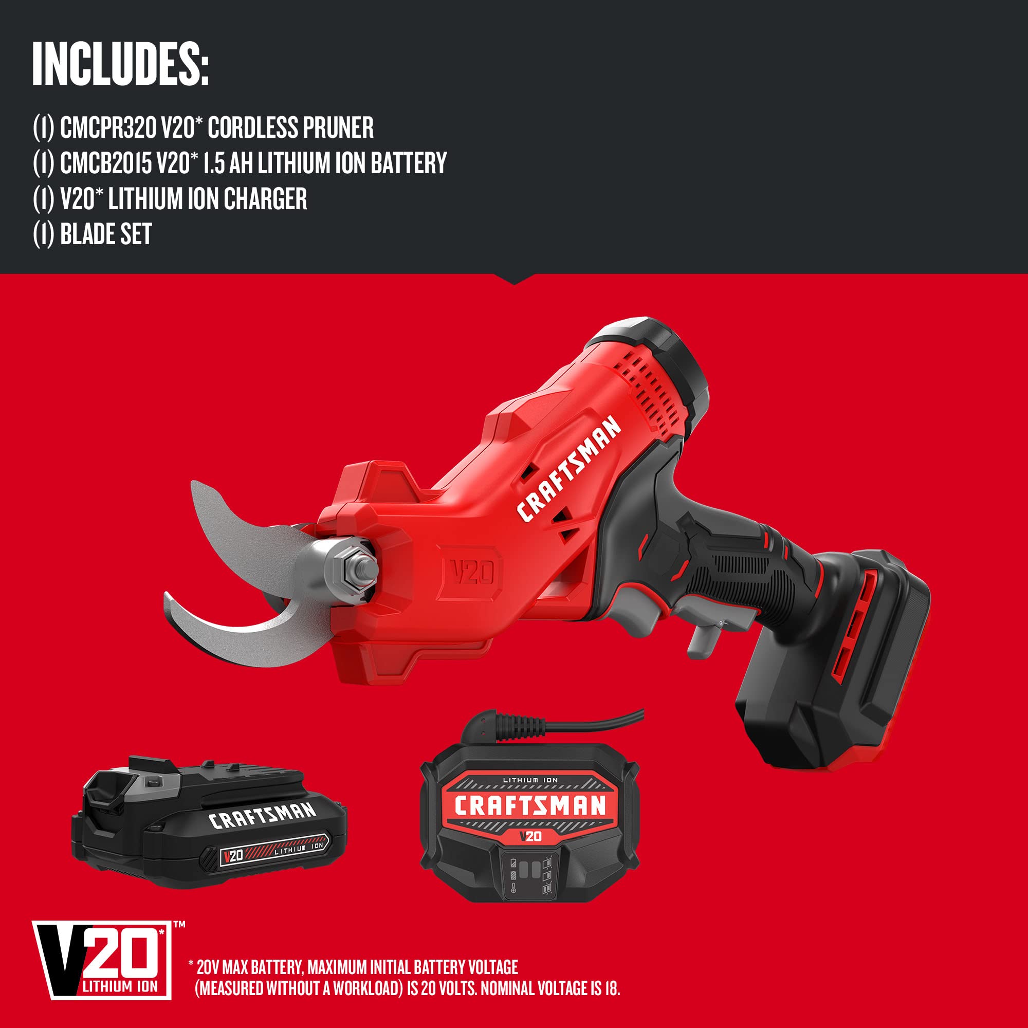 CRAFTSMAN 20V MAX Cordless Electric Pruner with Battery & Charger - CMCPR320C1 - Lightweight Tree Trimming Shears for Gardening, Landscaping and DIY Projects