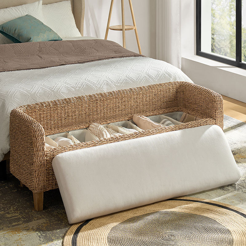 Natural Rattan Storage Bench with Removable Cream Cushion - Modern Woven Seat with Hidden Compartment for Entryway, Bedroom or Patio Decor