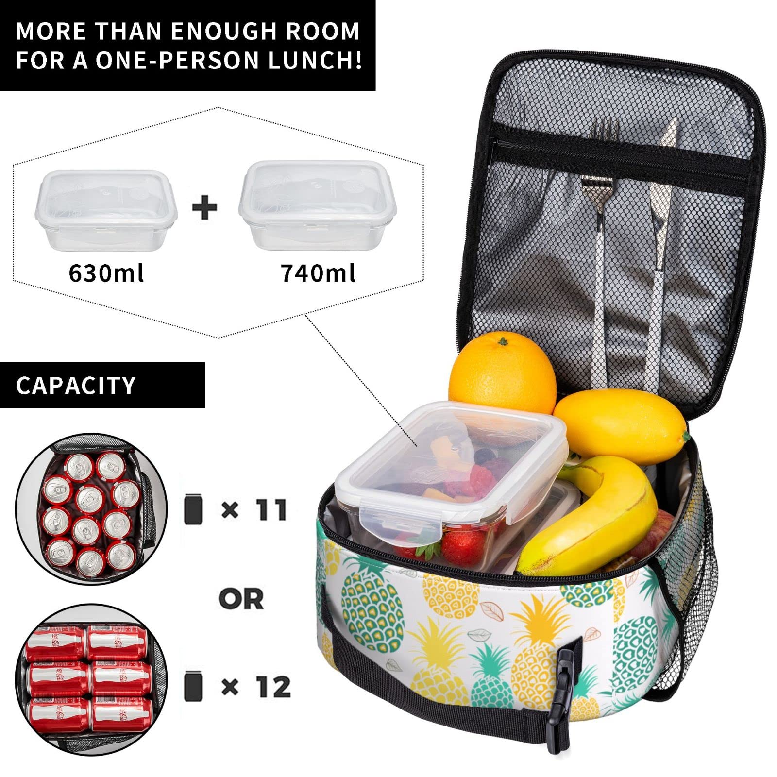 WAZHIJIA Insulated Pineapple Lunch Bag for Women - Reusable Tote Lunch Box Container for Work, School, Picnics & Outdoor Activities