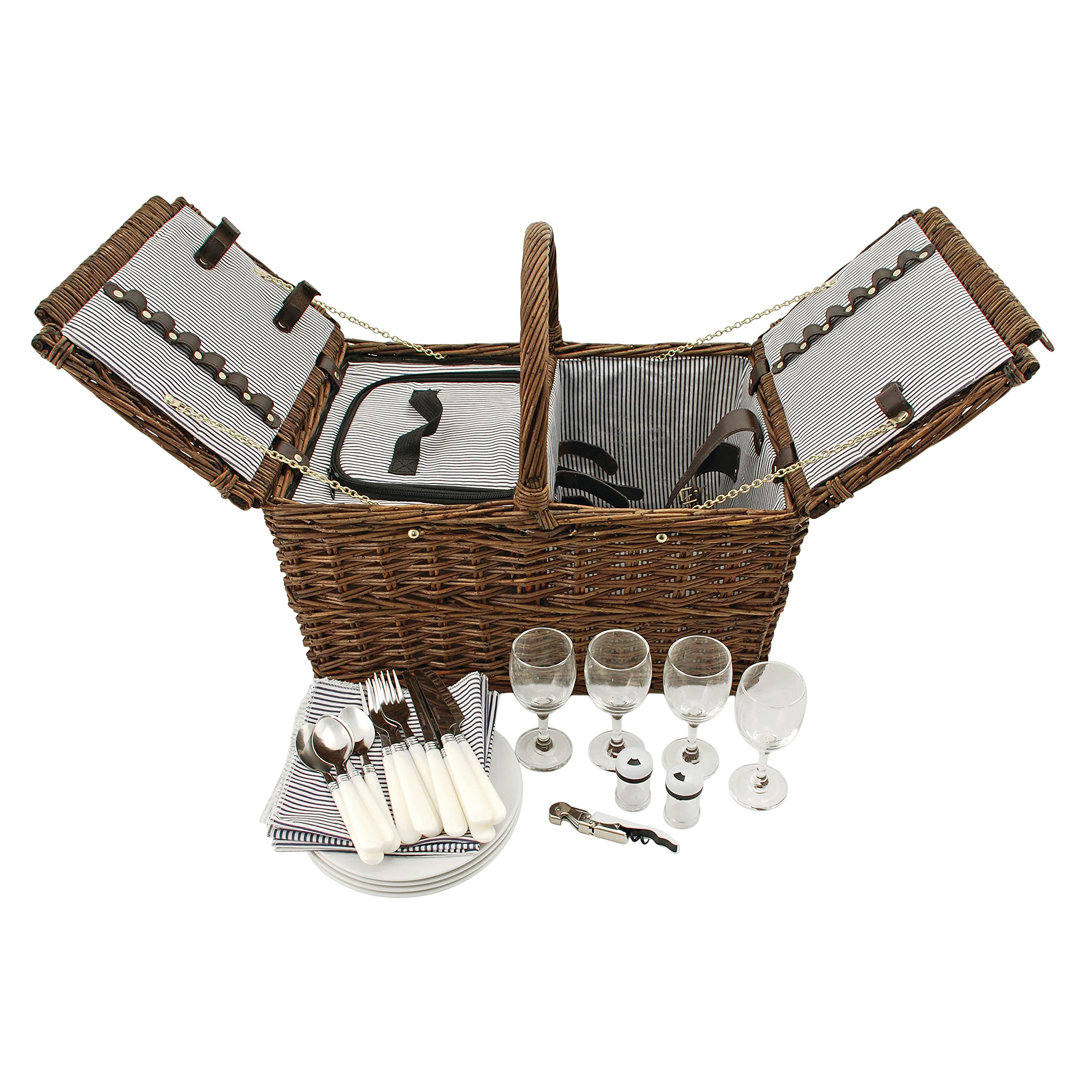 Twine Cape Cod Wicker Picnic Basket Set for 4 with Insulated Compartments - Includes Silverware, Plates, Napkins, Wine Glasses & Accessories | Perfect for Outdoor Dining, Beach Picnics, Camping & Garden Parties