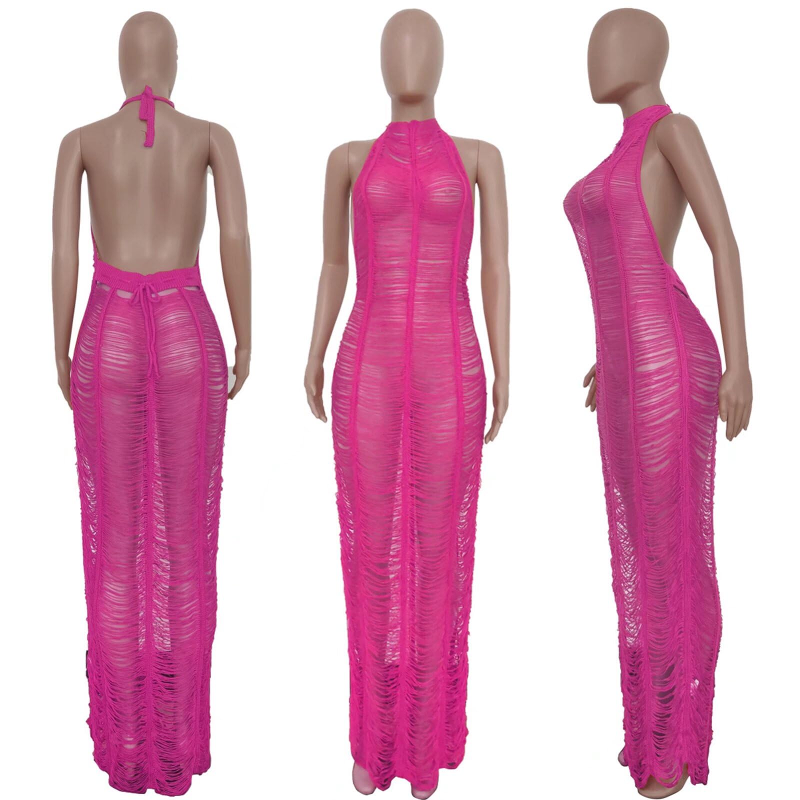 Sexy Women's Halter Sleeveless Mesh Crochet Maxi Dress - Backless See-Through Long Knitted Beach Cover Up for Bikini & Swimsuit | Perfect for Pool Parties, Vacations & Summer Outfits