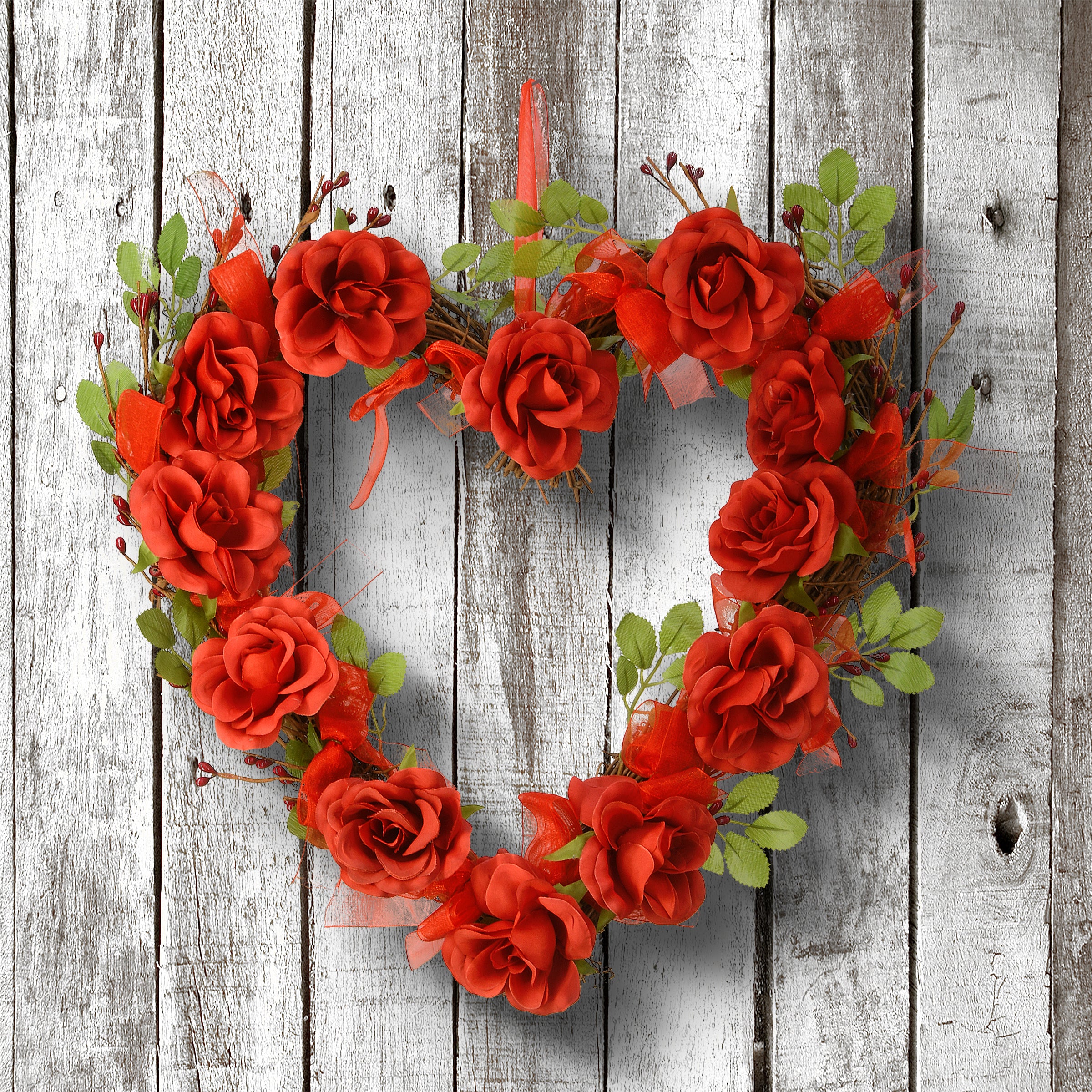 16 Inch Valentine's Day Floral Heart Rose Wreath - Romantic Home Decor for Door Wall Wedding Party Decorations