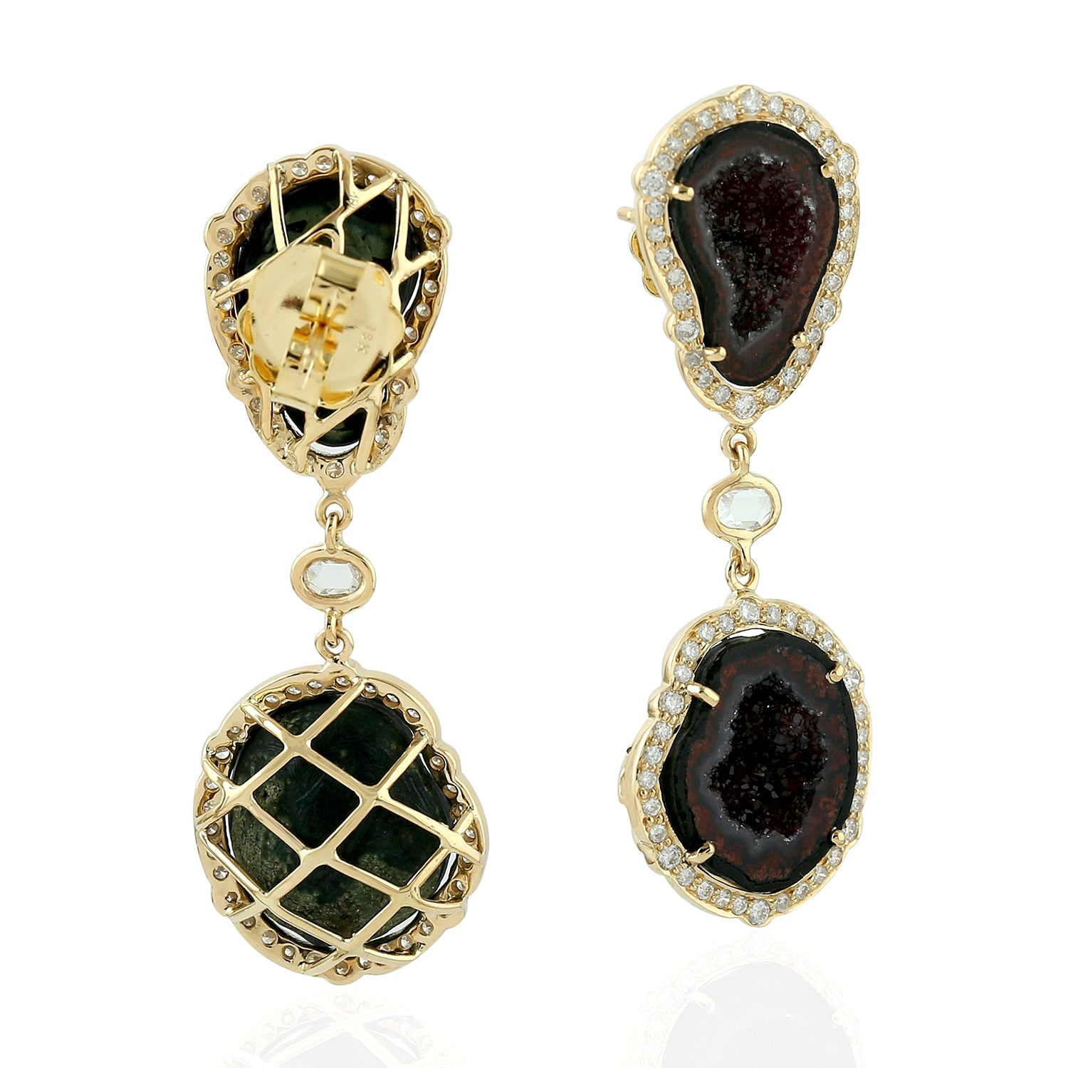 Geode Gemstone Pave Diamond Dangle Earrings in 14K Yellow Gold - Elegant Statement Jewelry for Parties & Special Occasions