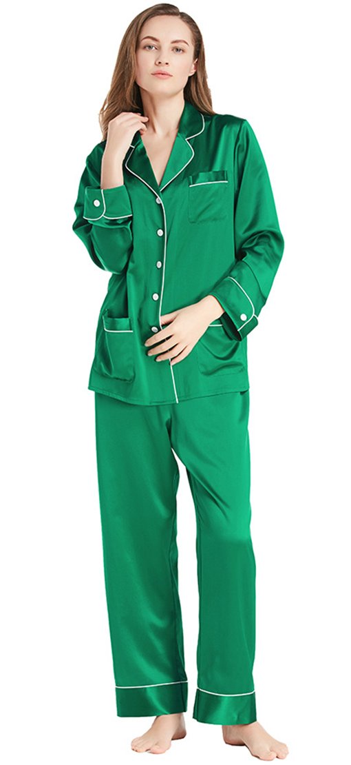 LilySilk Women's Long Silk Pajamas Set - V Neck Notched Collar with White Trim - Luxurious 100% Mulberry Silk Sleepwear for Women - Perfect for Relaxing at Home, Spa Days & Gift Giving