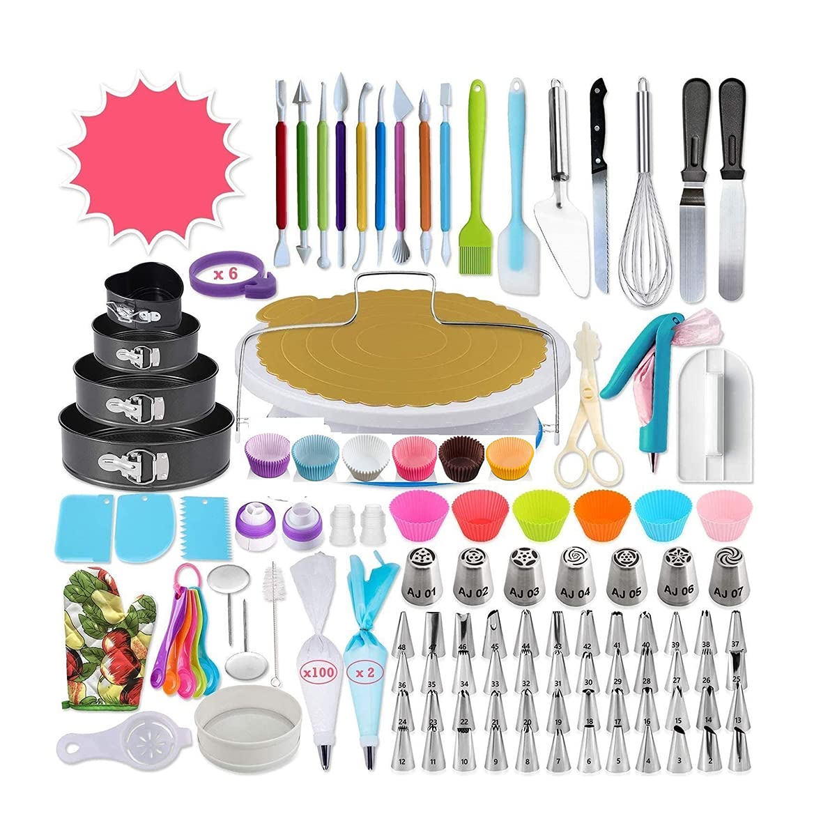 Braiton 333-Piece Cake Decorating Kit with 4 Non-Stick Round Turntable Bakeware & 9 Plastic Carving Pens - Professional Baking Tools for DIY Cupcakes, Cakes, Cookies - Perfect for Home Bakers and Party Decorations