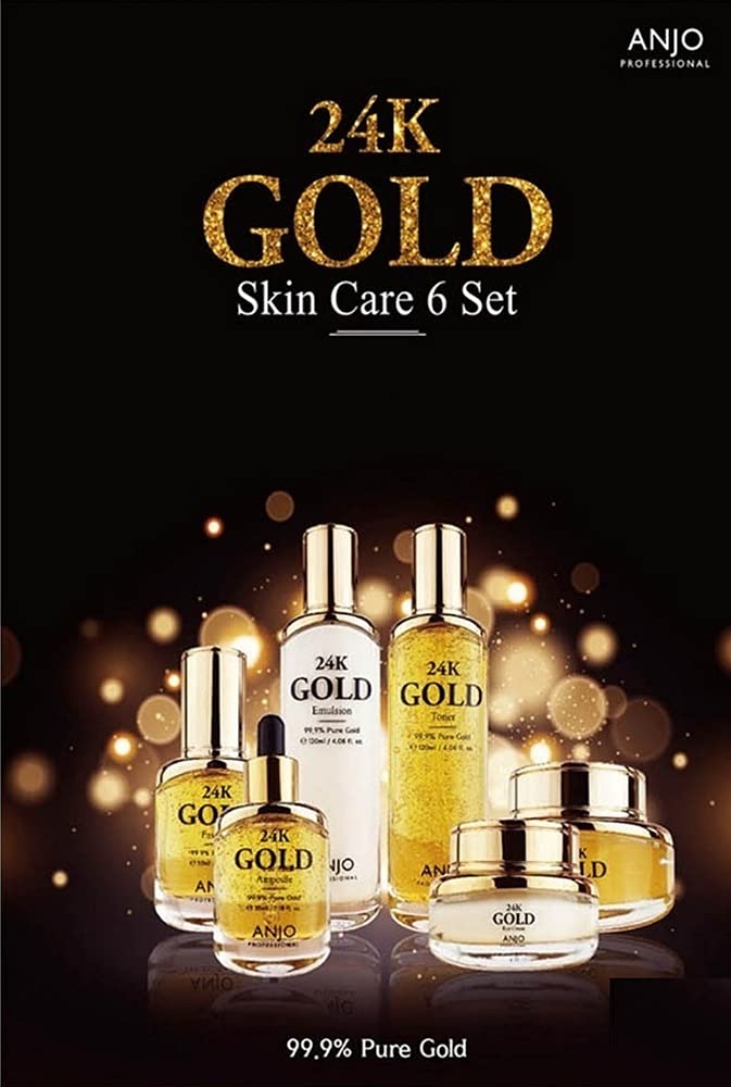 ANJO 24K Gold Skin Care Set - 6+2 Pieces (Toner 120ml, Emulsion 120ml, Essence 35ml, Cream 50g, Eye Cream 30g, Ampoule 35ml + Travel Size) - Anti-Aging Skincare Routine for Day & Night Use