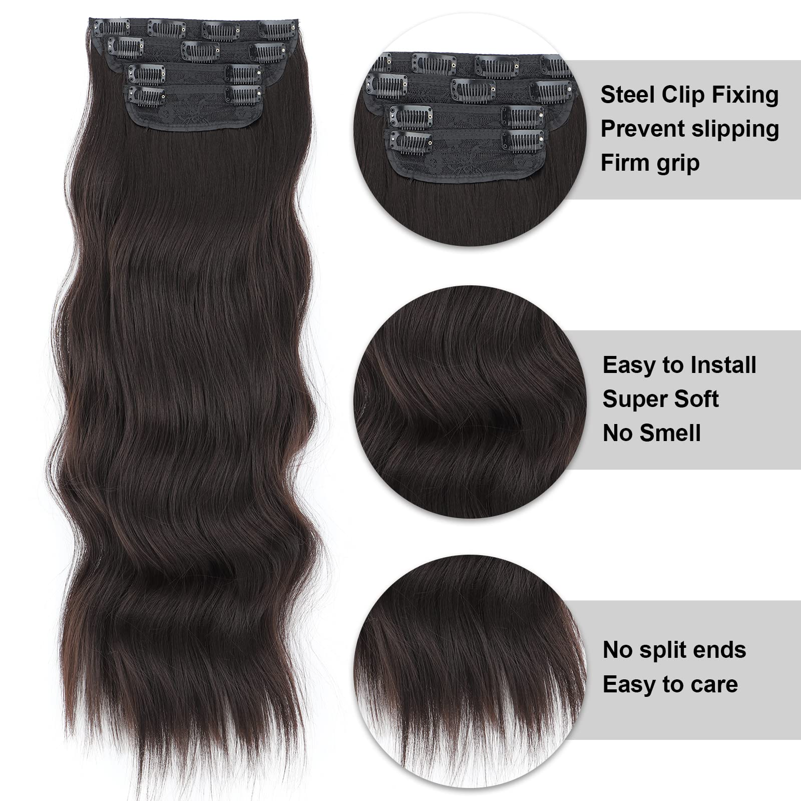 Vigorous Dark Brown Clip-In Hair Extensions 24 Inch Long - 4Pcs Thick Wavy Synthetic Hairpieces for Women | Perfect for Parties, Weddings & Everyday Styling