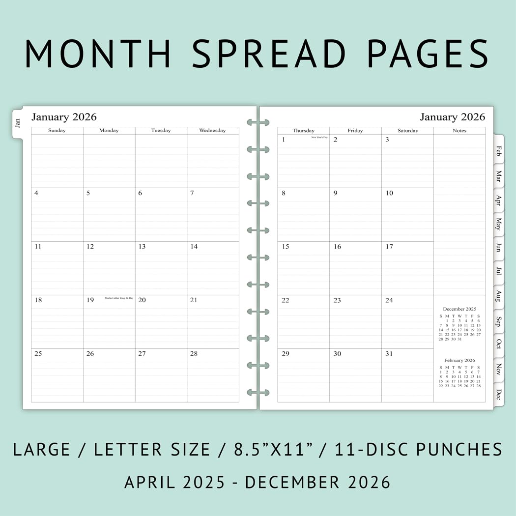 Newestor 2025-2026 Monthly Planner Refill for 11-Discbound Notebooks | Apr 2025-Dec 2026 | 2 Pages Per Month | Letter Size 8.5