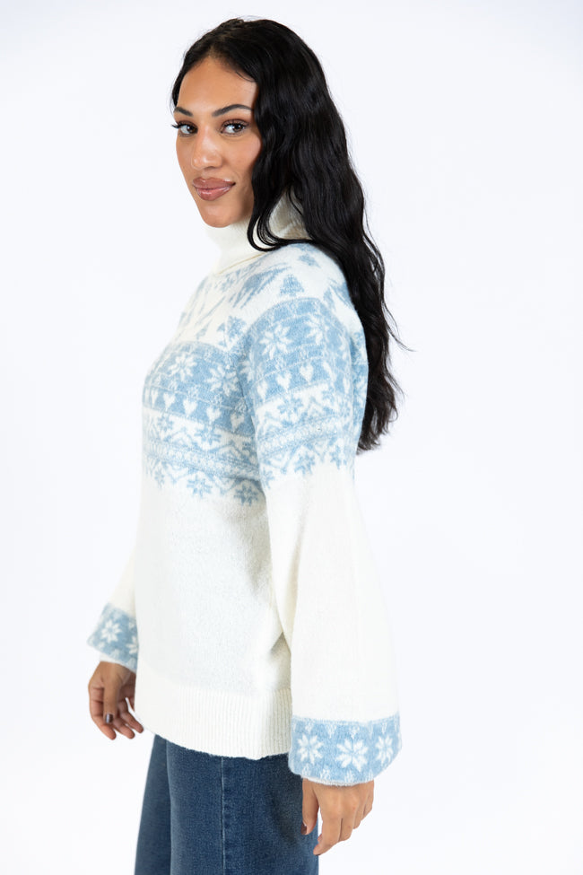 Best Ivory and Blue Ski Print Fair Isle Turtleneck Sweater - Cozy Winter Pullover for Skiing, Christmas & Casual Wear | Final Sale