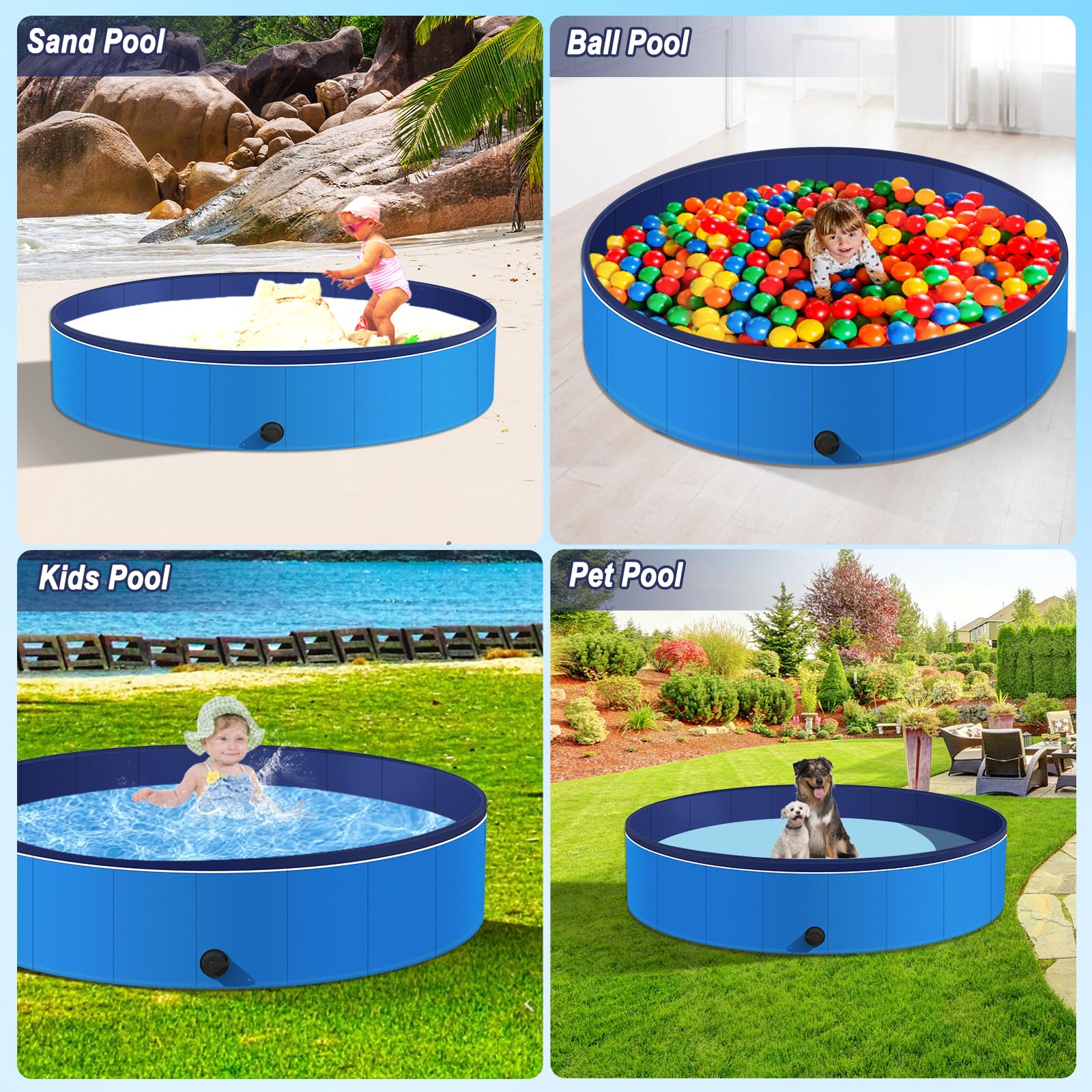 71'' Foldable Kiddie Pool for Large Dogs & Kids - Hard Plastic Backyard Swimming Pool, Non-Slip Pet Bath Tub - Perfect for Summer Fun, Outdoor Play & Pet Bathing