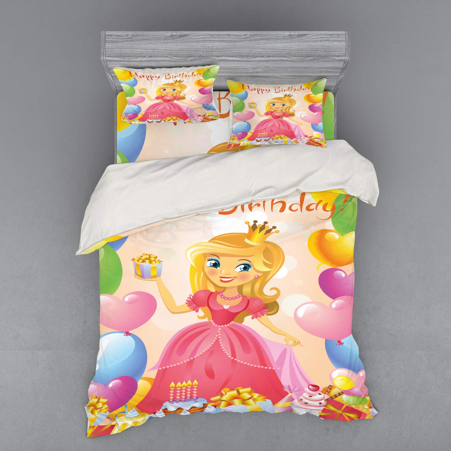 Ambesonne Birthday Bedding Set for Girls - Queen Size 4-Piece Duvet Cover Set with Shams & Fitted Sheet, Cartoon Theme with Hearts & Balloons, Multicolor - Perfect for Birthday Decorations & Kids' Room Makeover