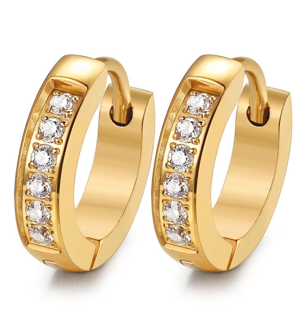 FIBO STEEL 13MM & 20MM Stainless Steel Small Hoop Earrings for Men & Women - CZ Inlaid Huggie Earrings - Perfect for Everyday Wear, Gifts & Special Occasions