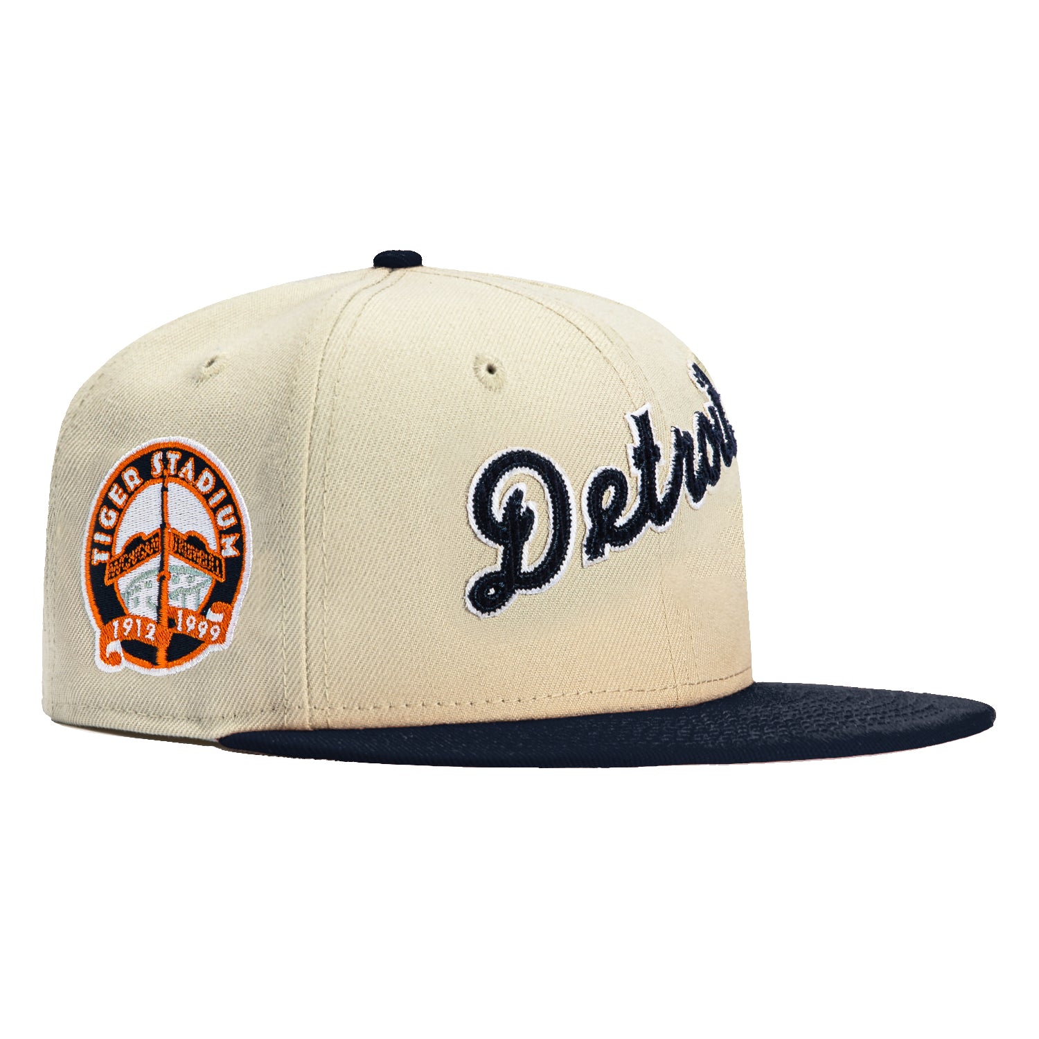 New Era 59Fifty Corduroy Script Detroit Tigers MLB Baseball Cap with Stadium Patch - Stone & Navy - Adjustable Snapback Hat for Men, Women, Fans & Streetwear Fashion