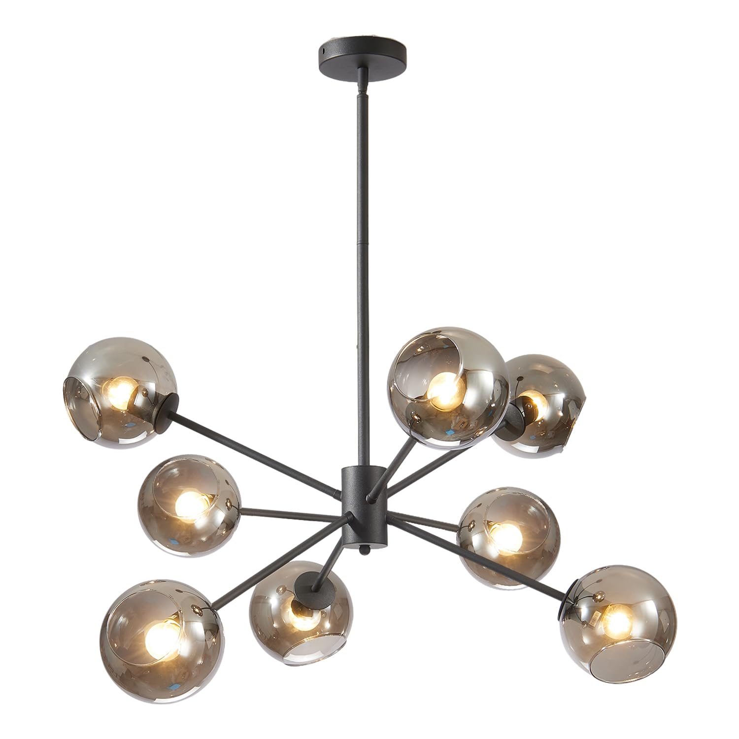 BOKT 8-Light Mid Century Modern Chandelier - Matte Black with Smoke Gray Glass Globes - Sputnik Style Pendant Light for Kitchen Island, Dining Room, Living Room & Bedroom - Perfect for Modern Home Decor & Vintage Inspired Spaces