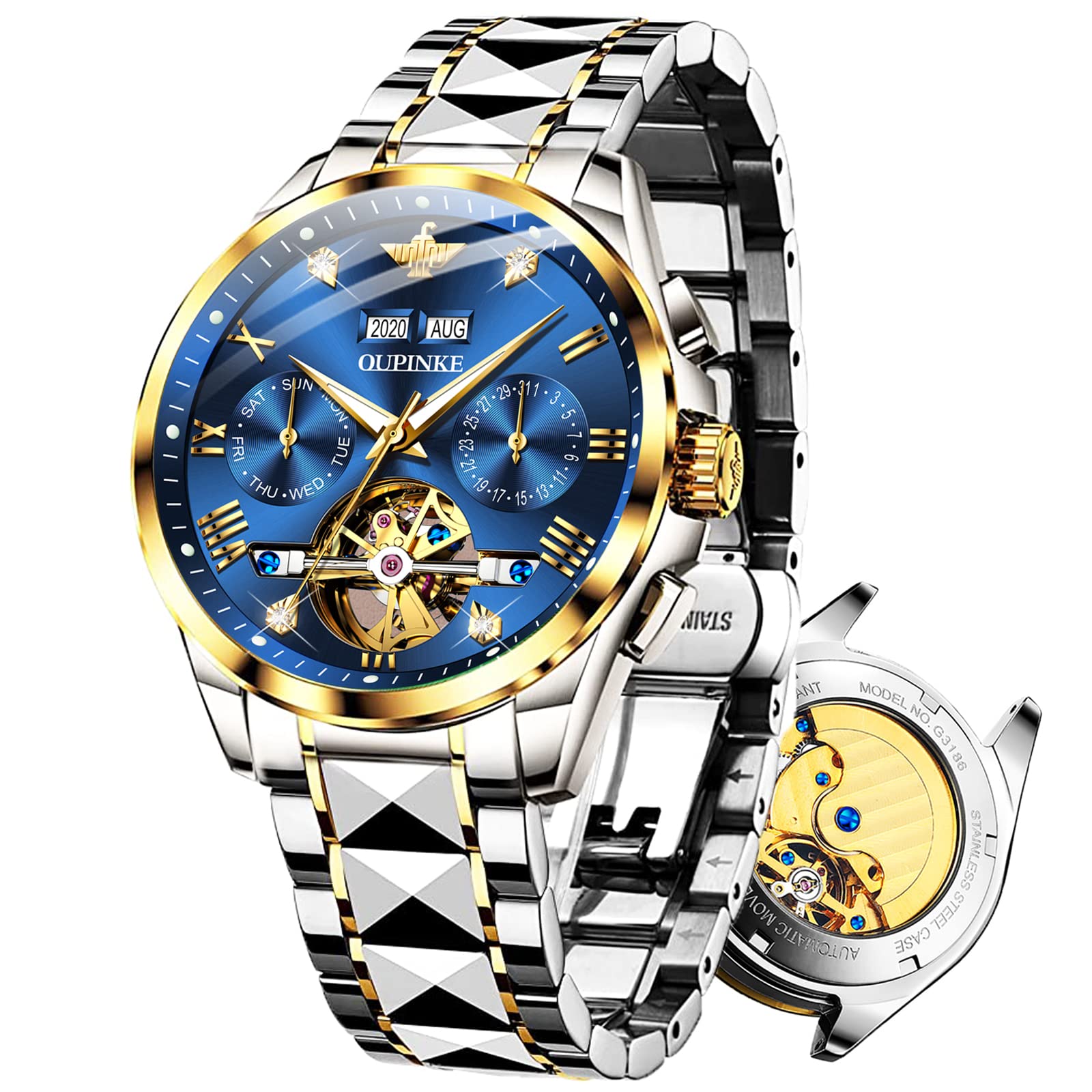 Premium Automatic Skeleton Watches for Men - Self-Winding Mechanical Watch with Day Date Calendar, Waterproof Tungsten Steel Luminous Dial - Perfect for Business, Formal Events & Luxury Gifts