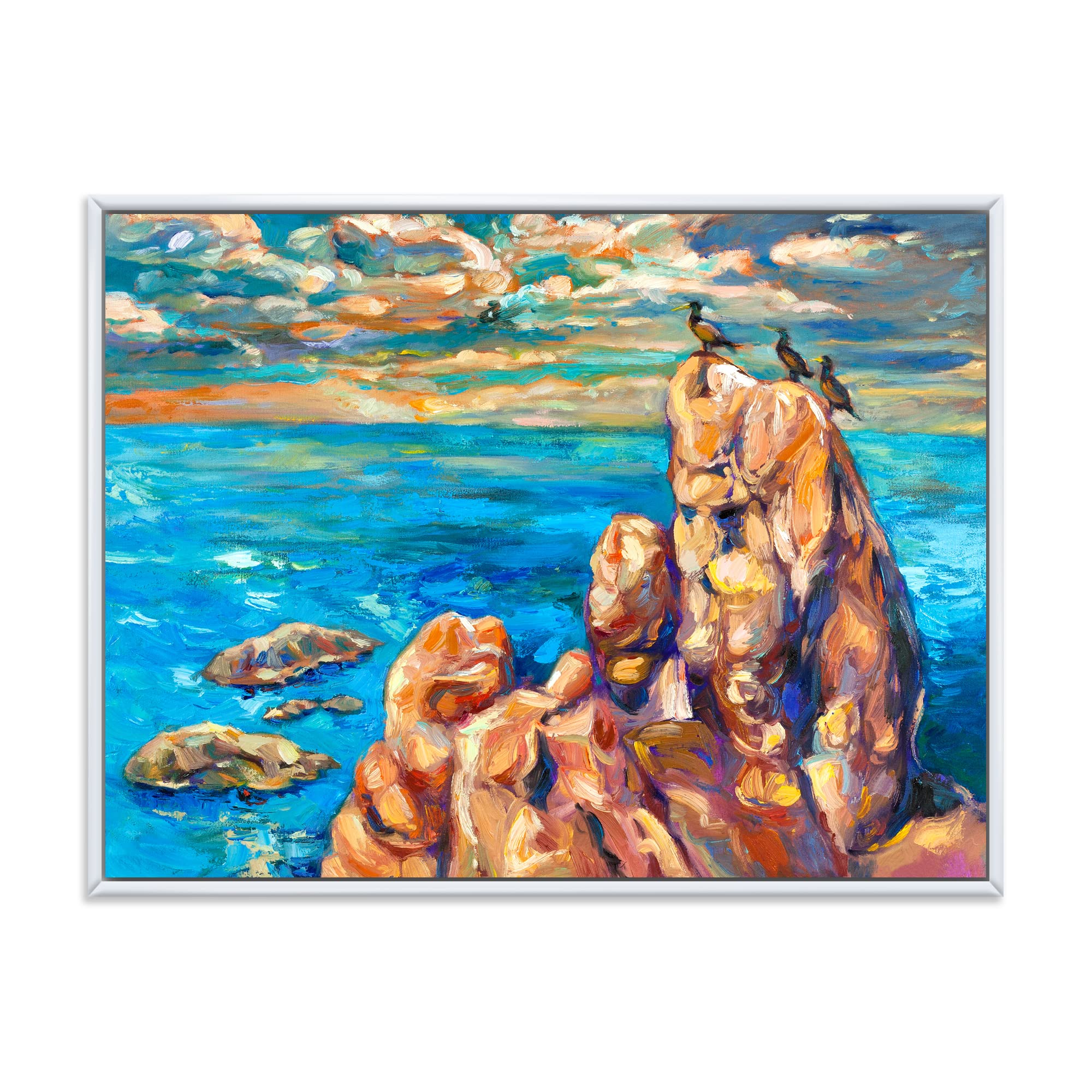 DesignQ Cliffs By The Blue Ocean I - Coastal Framed Canvas Wall Art Print | Nautical Home Decor | Perfect for Beach House, Living Room & Office Wall Decor