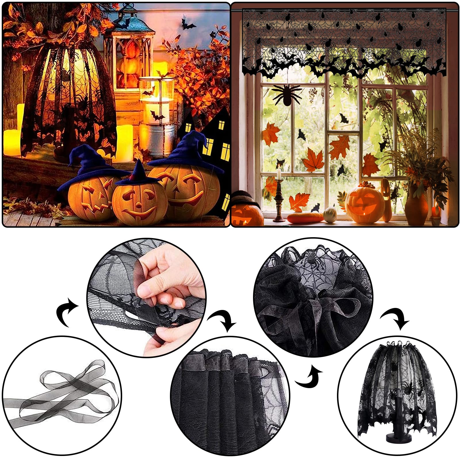 5-Pack Halloween Decorations - 3D Spider Web Tablecloth, Table Runners & Fireplace Mantel Scarf with Cobweb Lampshade & Scary Bats - Spooky Indoor Home Decor for Halloween Party, Haunted House & Themed Events