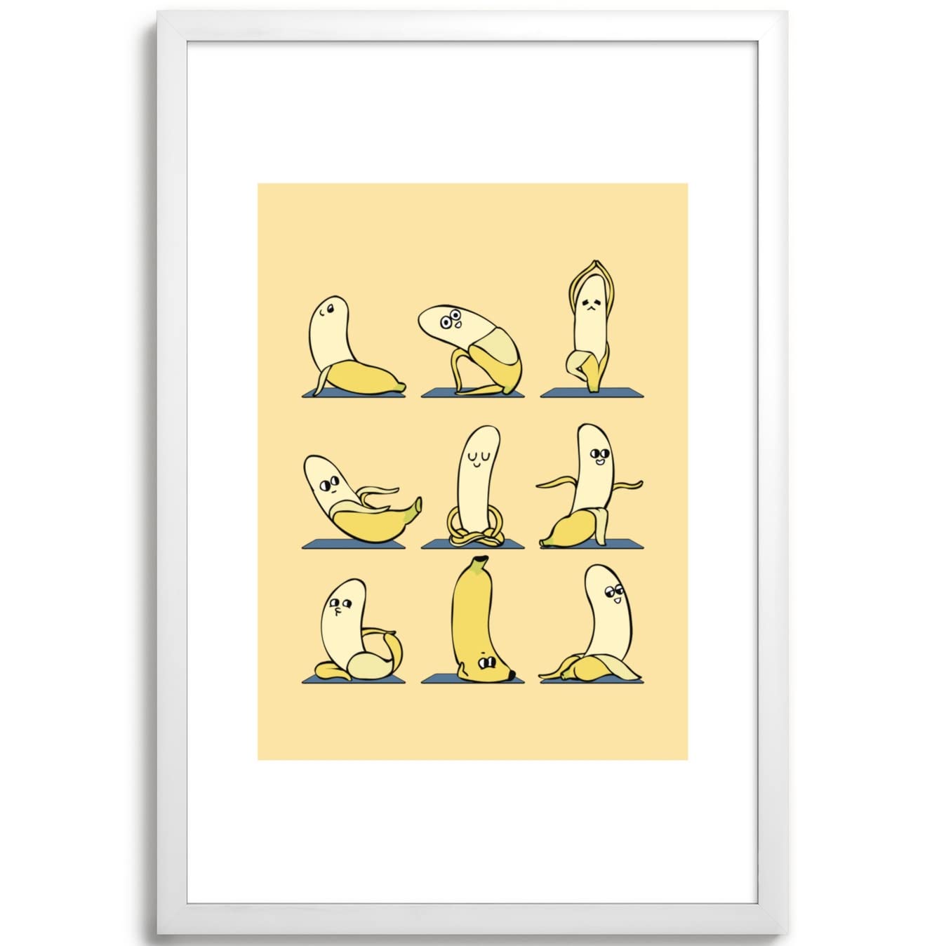 Banana Yoga Framed Art Print by Huebucket - Large 24x36 Inches (26x38 with Frame) - Classic White Wall Decor for Yoga Studios, Living Rooms & Home Offices