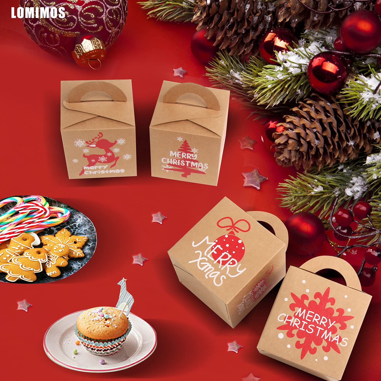 LOMIMOS 24PCS Christmas Bakery Gift Boxes - Mini Kraft Cardboard Packaging for Cupcakes, Cookies, Brownies & Donuts - Perfect for Holiday Dessert Gifting & Party Favors