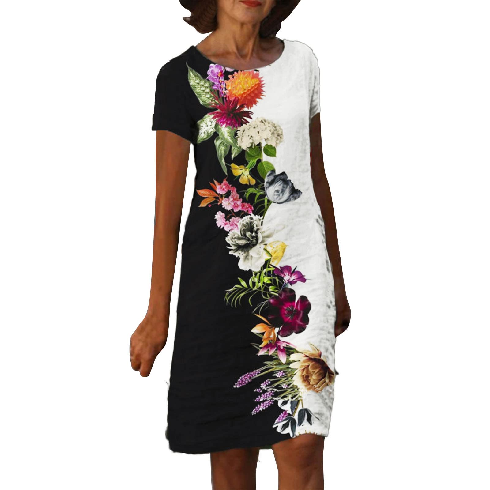 Women's Summer Linen Dress - Floral Print Half Sleeve O-Neck Knee-Length Black Cotton Dress | Perfect for Beach Vacations, Garden Parties & Casual Outings