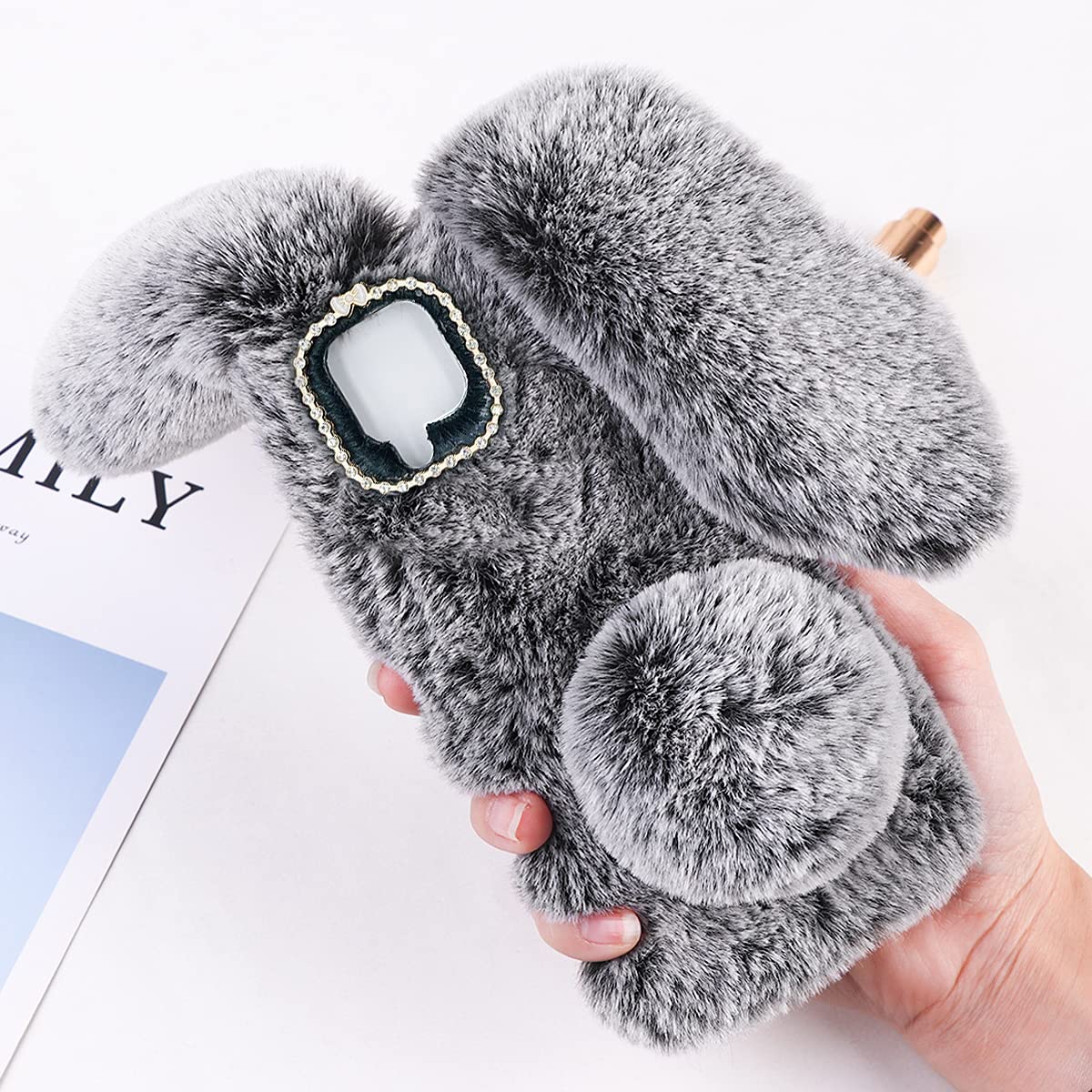 Fluffy Bunny Plush Phone Case - Soft Furry Rabbit Phone Cover for iPhone & Android, Cute Gray Cell Phone Protector for Girls & Boys | Perfect Gift for Kids, Teens & Animal Lovers