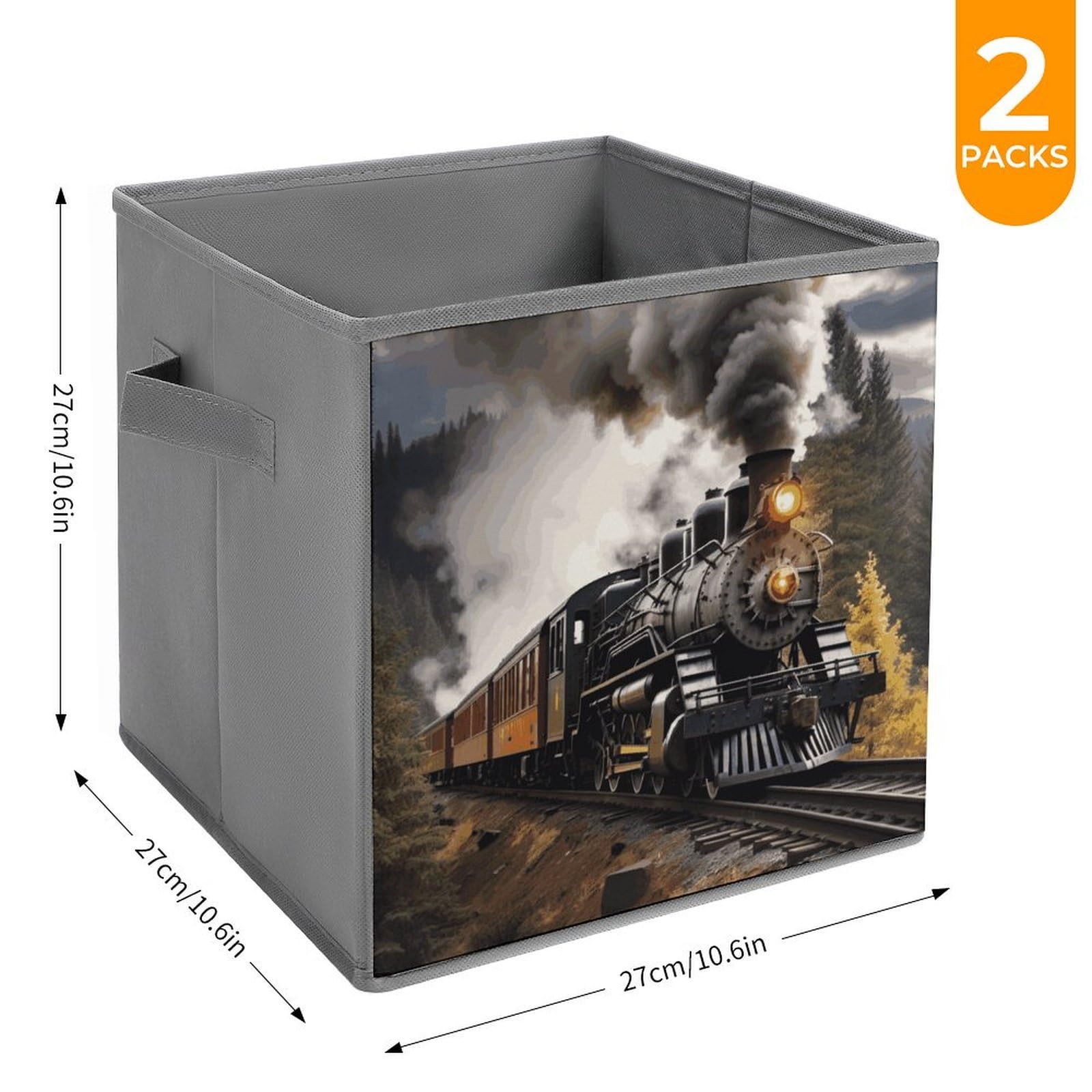 2-Pack Collapsible Storage Bins with Handles - Steam Train Printed Foldable Organizing Baskets for Shelves, Closet & Home Organization | Perfect for Kids' Toys, Books & Household Items Storage