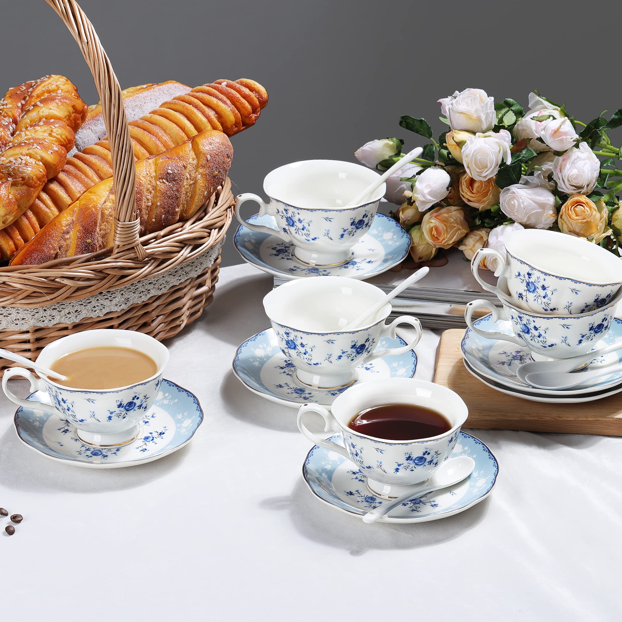 Fanquare 21-Piece Floral Porcelain Tea Set - British Style Tea Cup & Saucer Set for 6, Elegant Blue Roses Tea Party Collection - Perfect for Afternoon Tea, Bridal Showers & Mother's Day Gifts