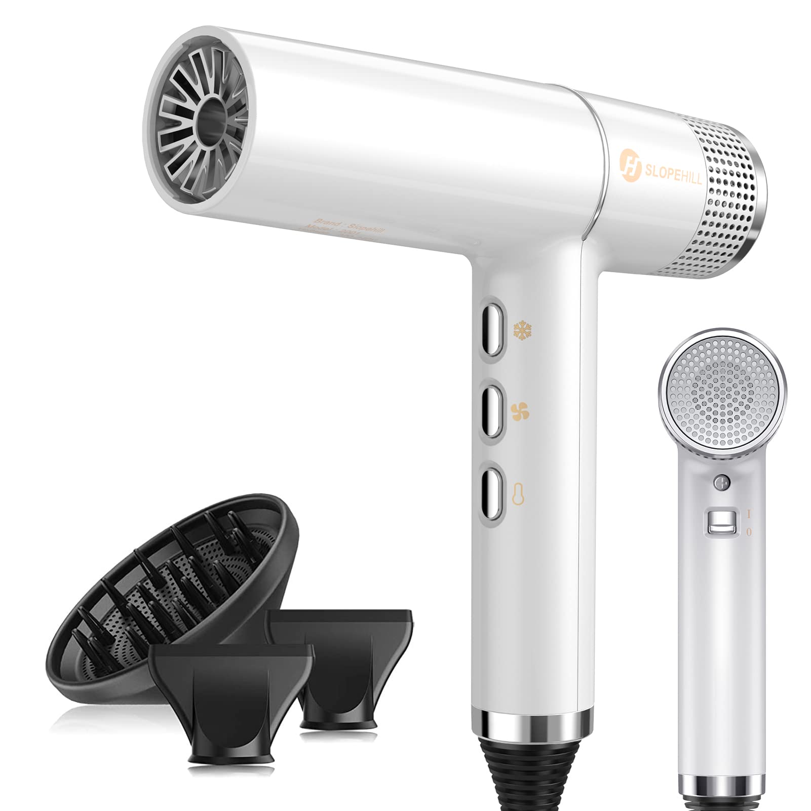 Slopehill Professional Hair Dryer with Brushless Motor - Intelligent Fault Diagnosis, Microfilter & Oxy Active Technology - LED Display (White) - Fast Drying for Salon & Home Use