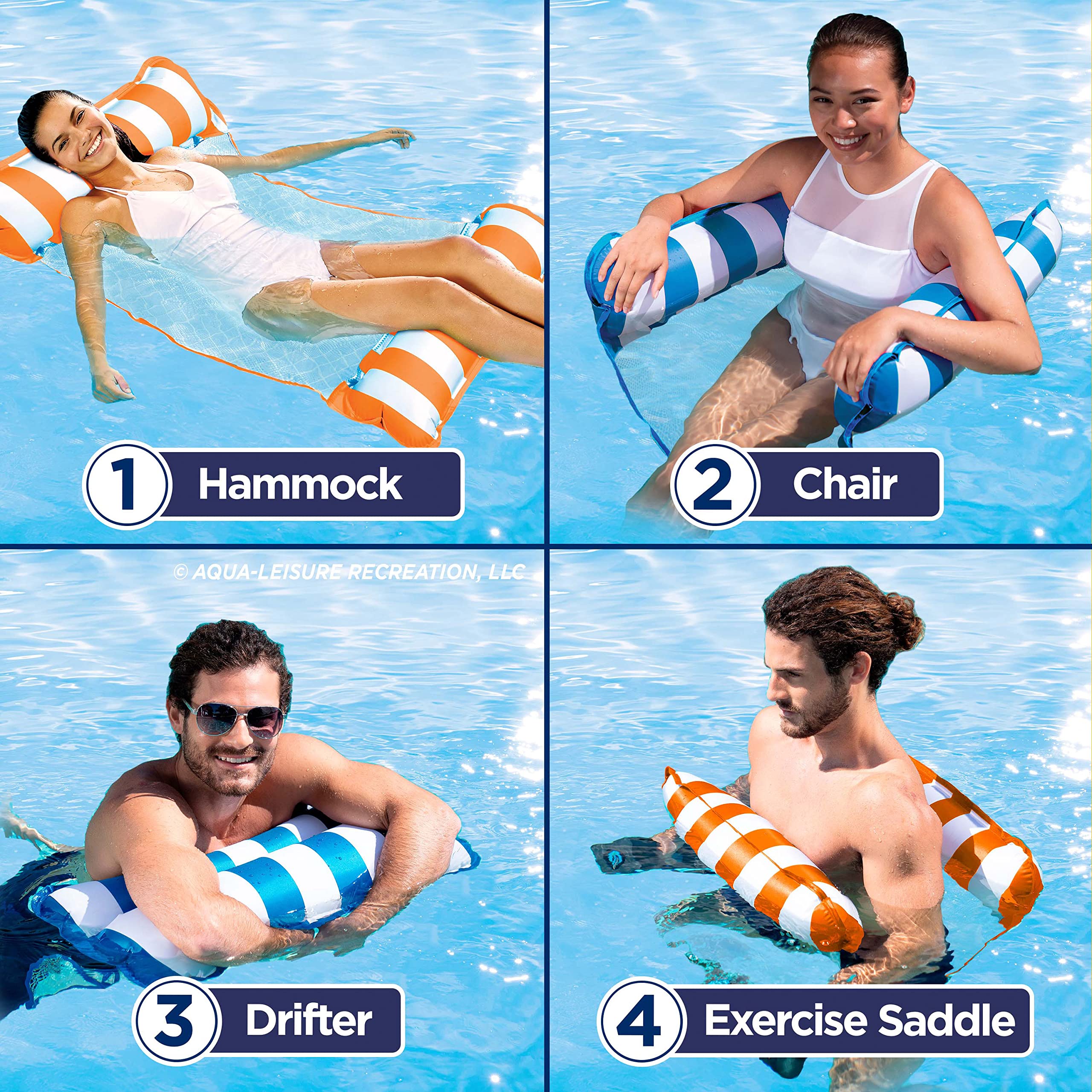 Aqua 4-in-1 Monterey Hammock Pool Float & Water Hammock - 2/3/4 Person Multipack for Adults & Kids - Premium Inflatable Lounge for Pool, Lake, Beach Vacation - Blue/Green/Pink Color Options