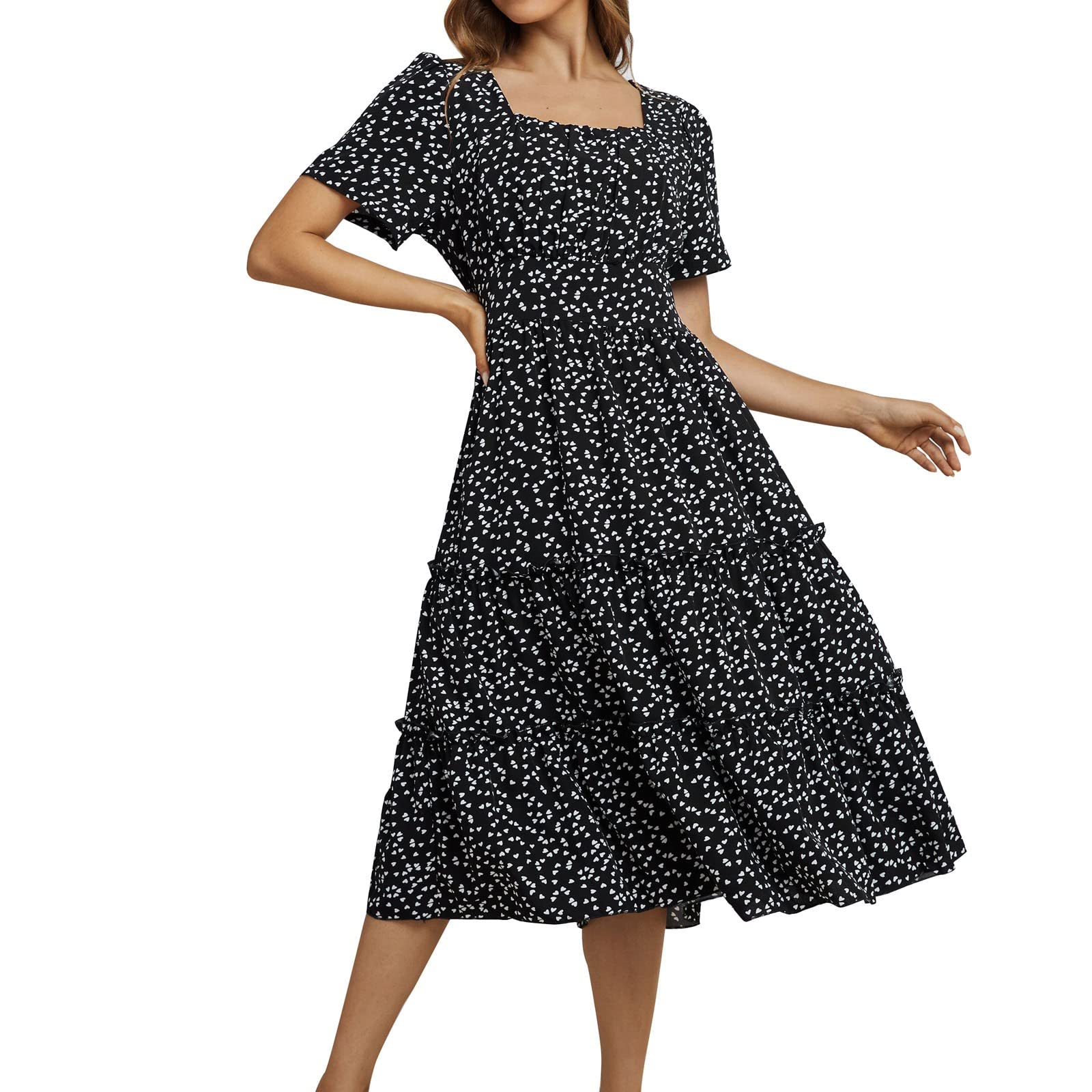 LINASHI Women's Summer Midi Dress - Short Sleeve Heart Print Flowy Pleated Tunic Dress for Casual Wear | Perfect for Beach Vacation, Date Night & Summer Outings