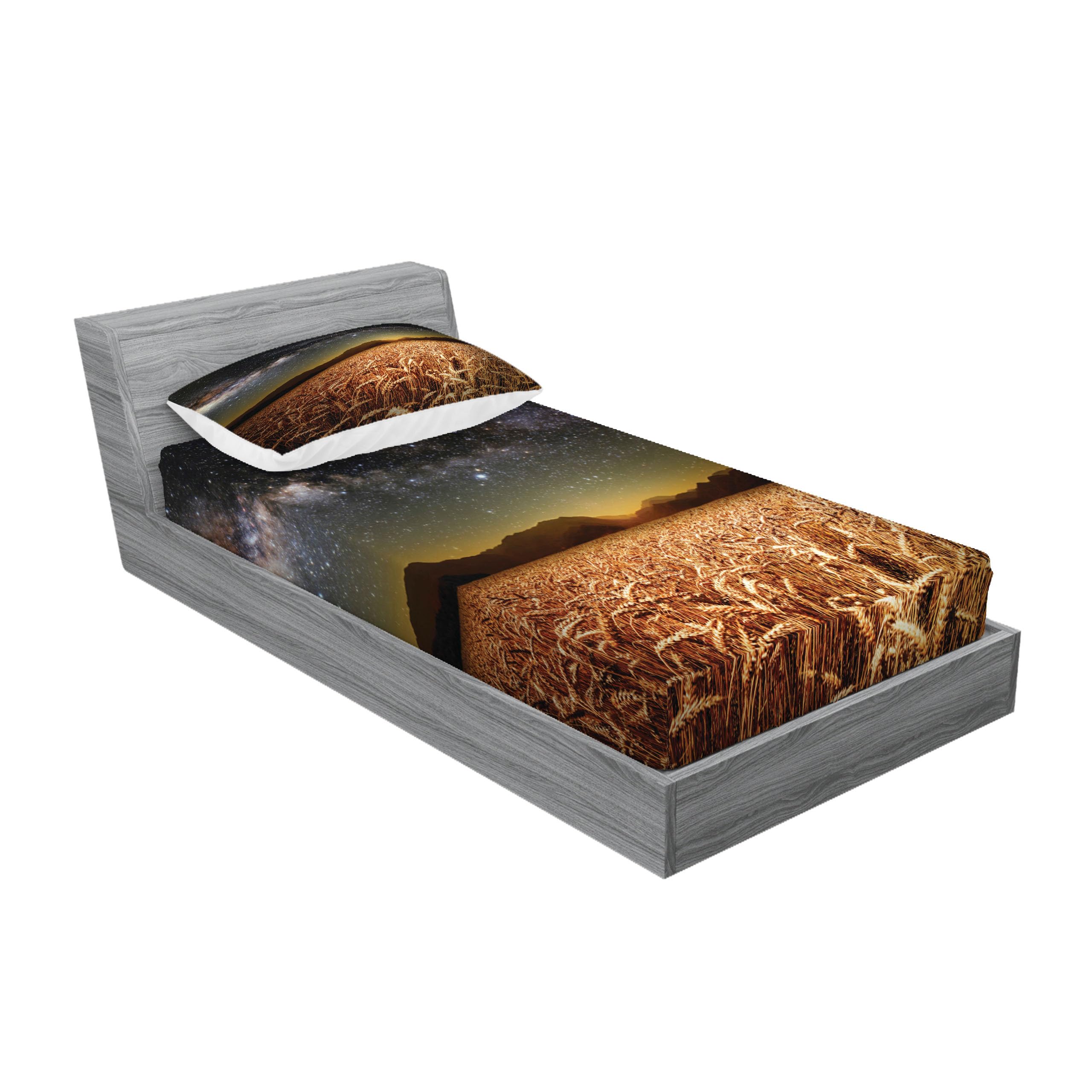 Ambesonne Space Themed Fitted Sheet & Pillow Sham Set - Wheat Field Meadow Under Starry Night Sky with Twilight Harvest Rural Art Print, Decorative 2-Piece Bedding Set for Twin XL, Tan Grey - Perfect for Astronomy Lovers' Bedroom Decor & Cozy Farmhouse Style