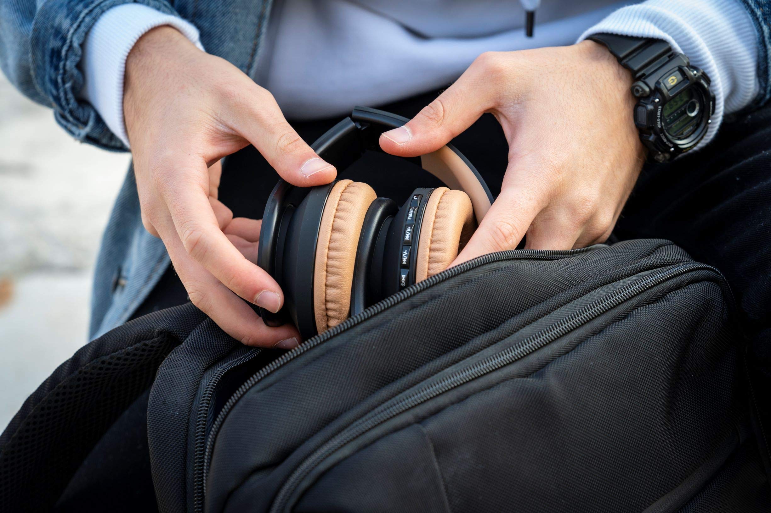 PowerLocus Wireless Bluetooth Over-Ear Headphones with Built-in Mic, Foldable Design & 30H Playtime - Compatible with iPhone, Samsung, LG, iPad (Black/Brown) - Perfect for Travel, Workouts & Home Entertainment